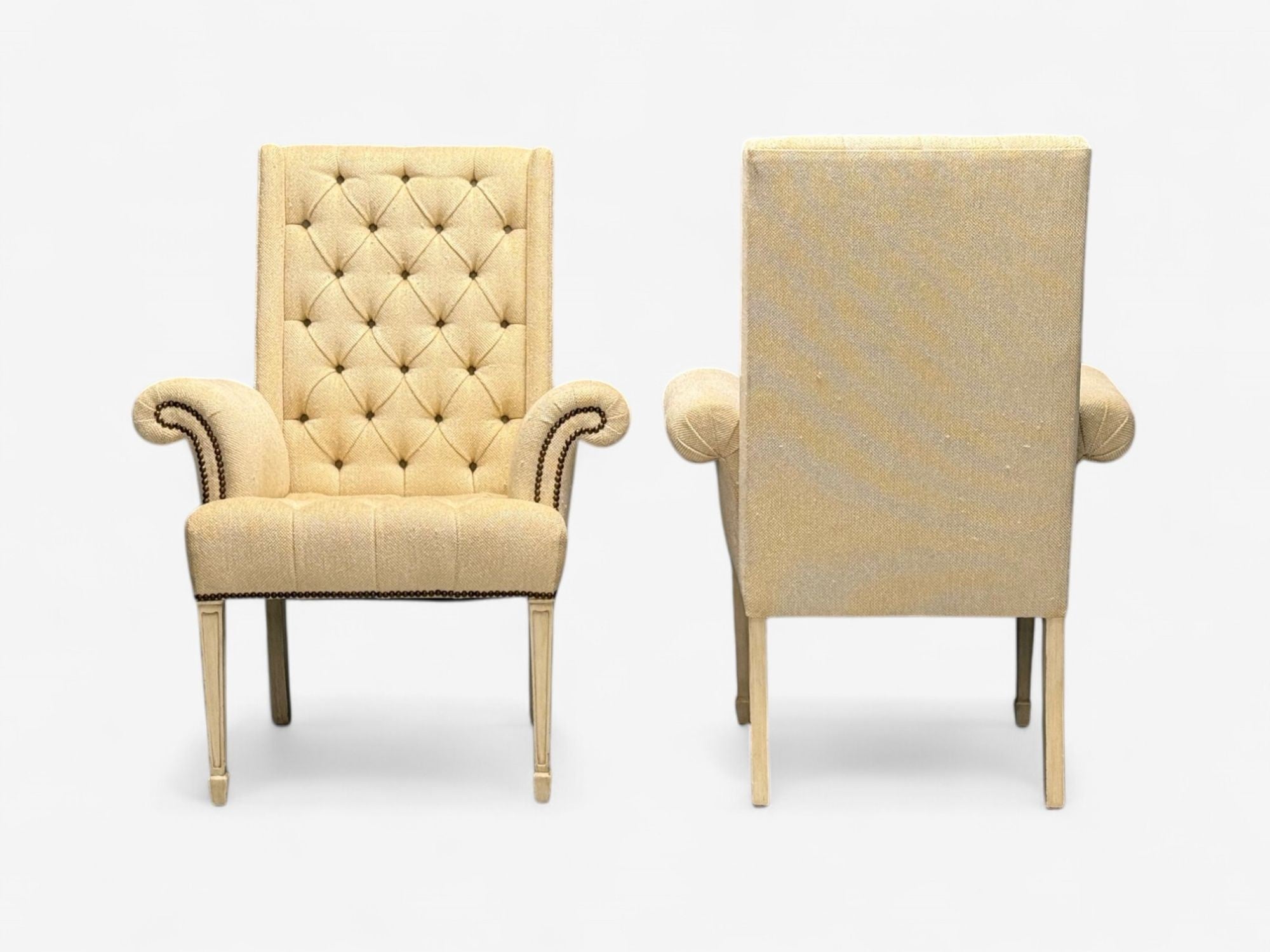 Grosfeld House, Hollywood Regency, Rolled Arm Chairs, Painted Wood, Tweed Linen