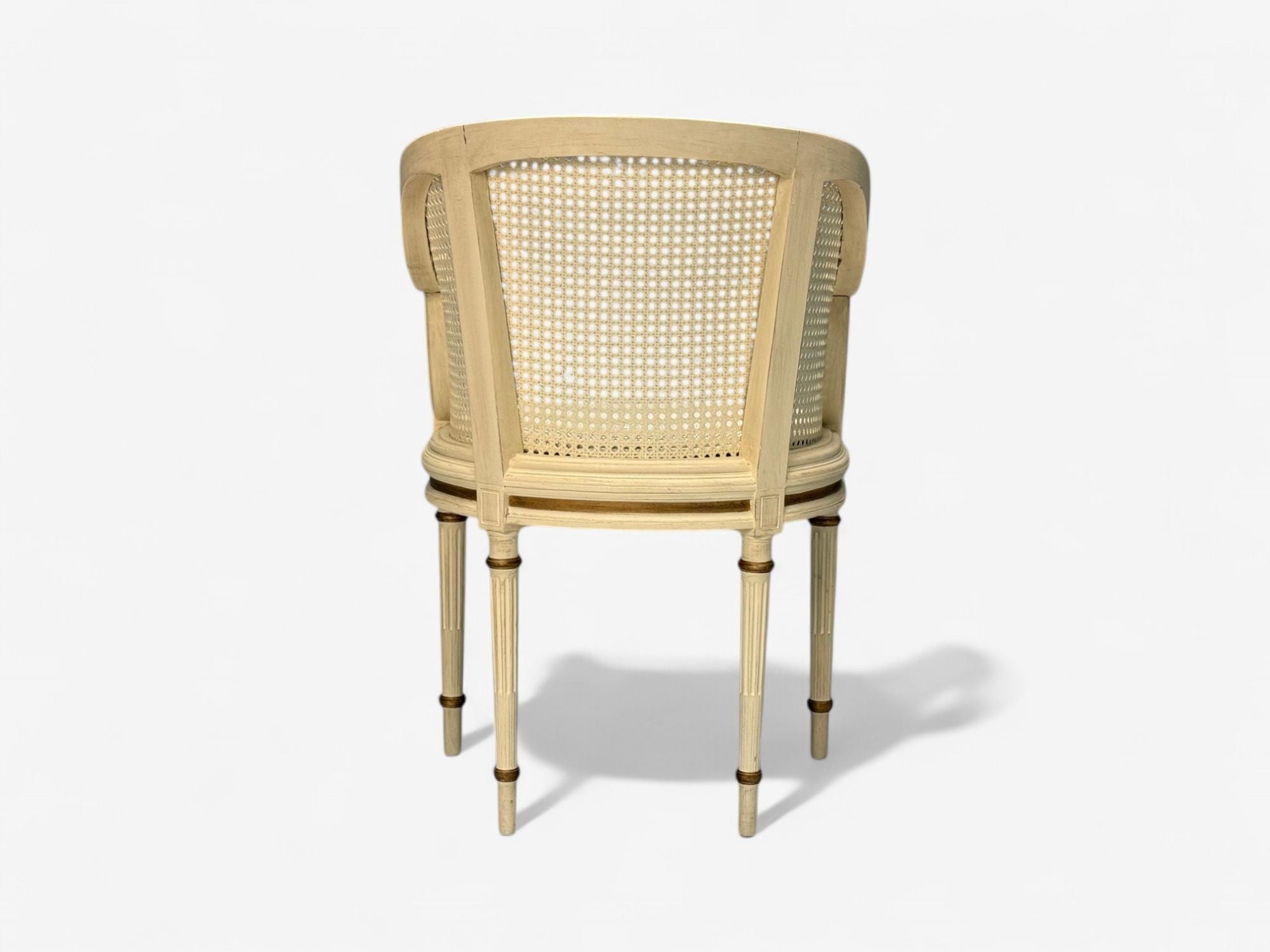 Louis XVI Style, Barrel Back Occasional Chair, Cream Painted Wood, Cane, 1960s