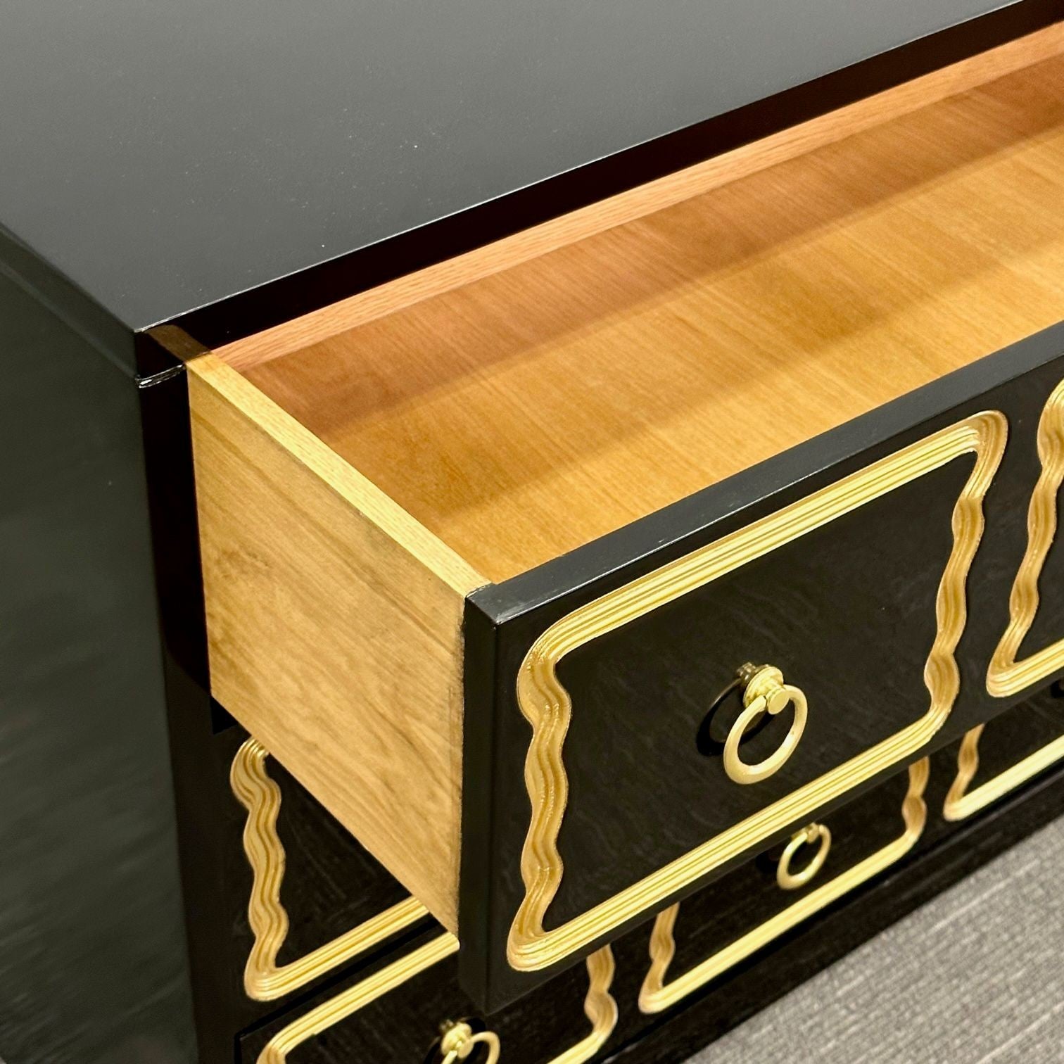 Dorothy Draper Style, Hollywood Regency, Black Lacquer, Gilt, Brass, Commodes