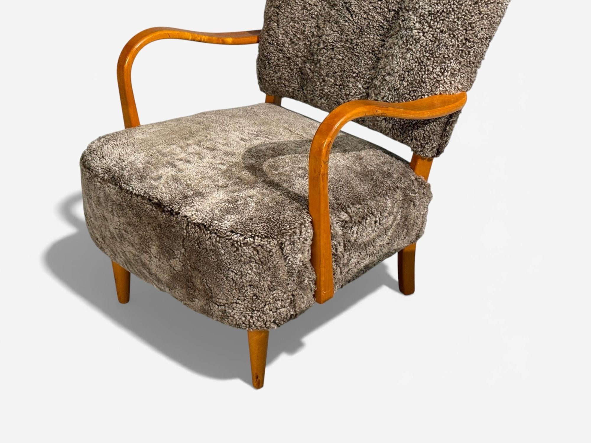 Swedish Modern, Lounge Chairs, Elm, Gray Shearling, Sweden, 1940s