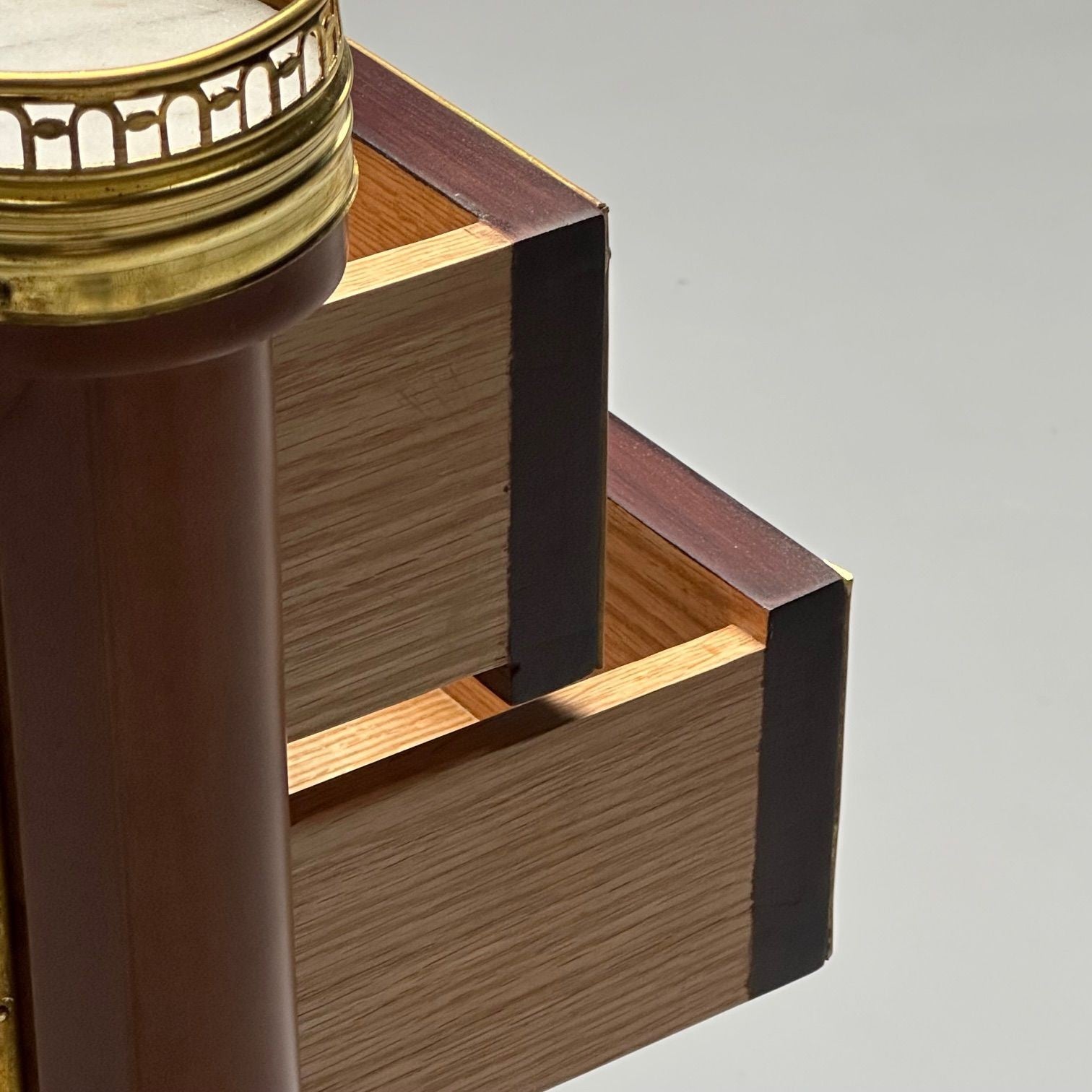 Maison Jansen Style, Hollywood Regency, Mahogany, Marble, Brass, Nightstands