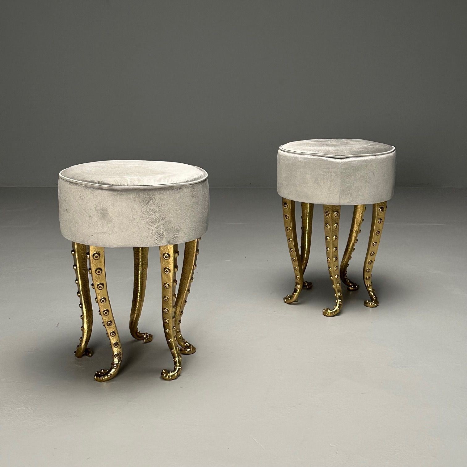 Modern Octopus Stools, Cast Gilt Bronze, Grey Velvet