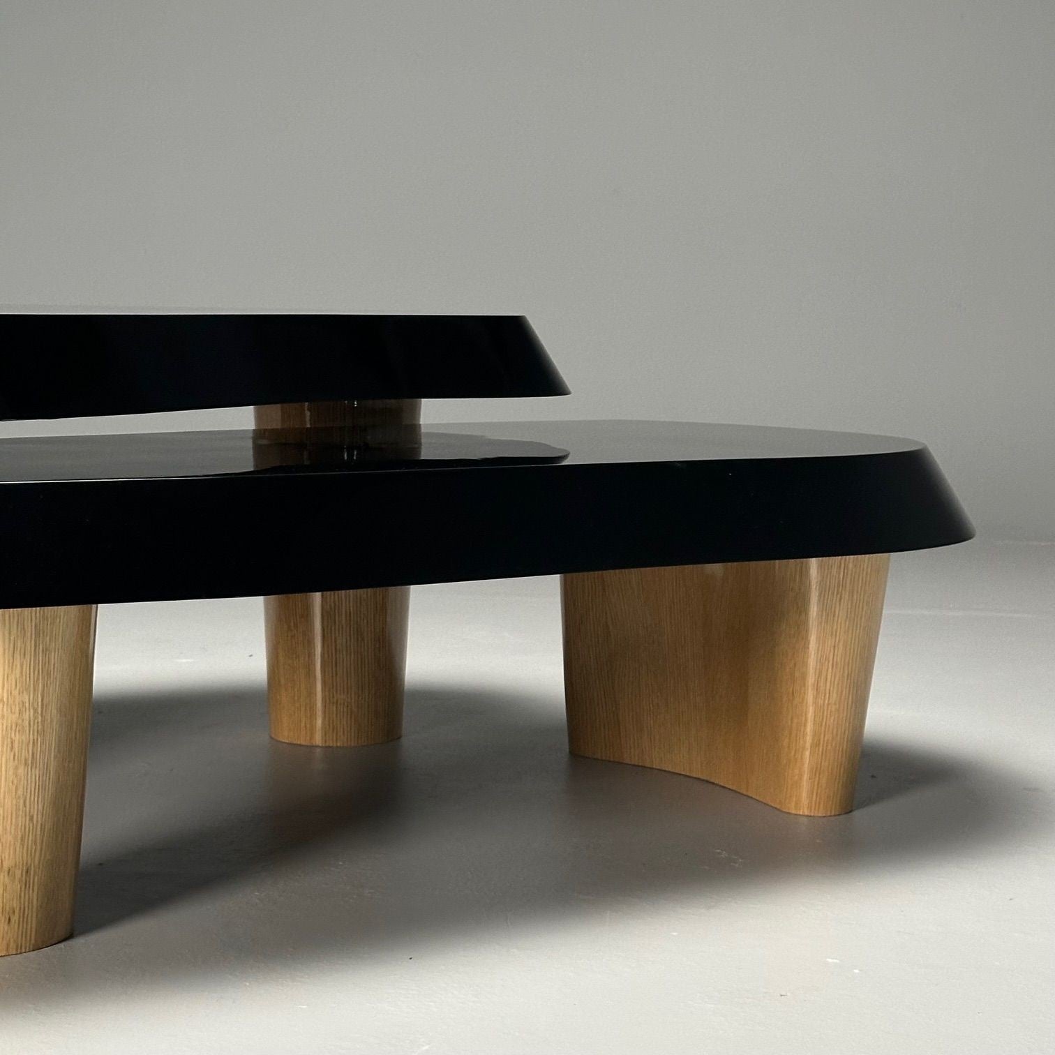 Contemporary, Organic Modern, Nesting Coffee Tables, Black Lacquer, Oak, 21st C.
