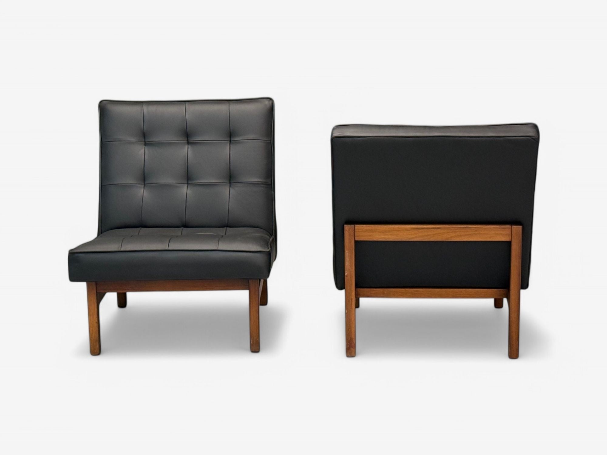 Thayer Coggin, Danish Modern Style, Tufted Black Leather, Lounge Chairs, 21st C.