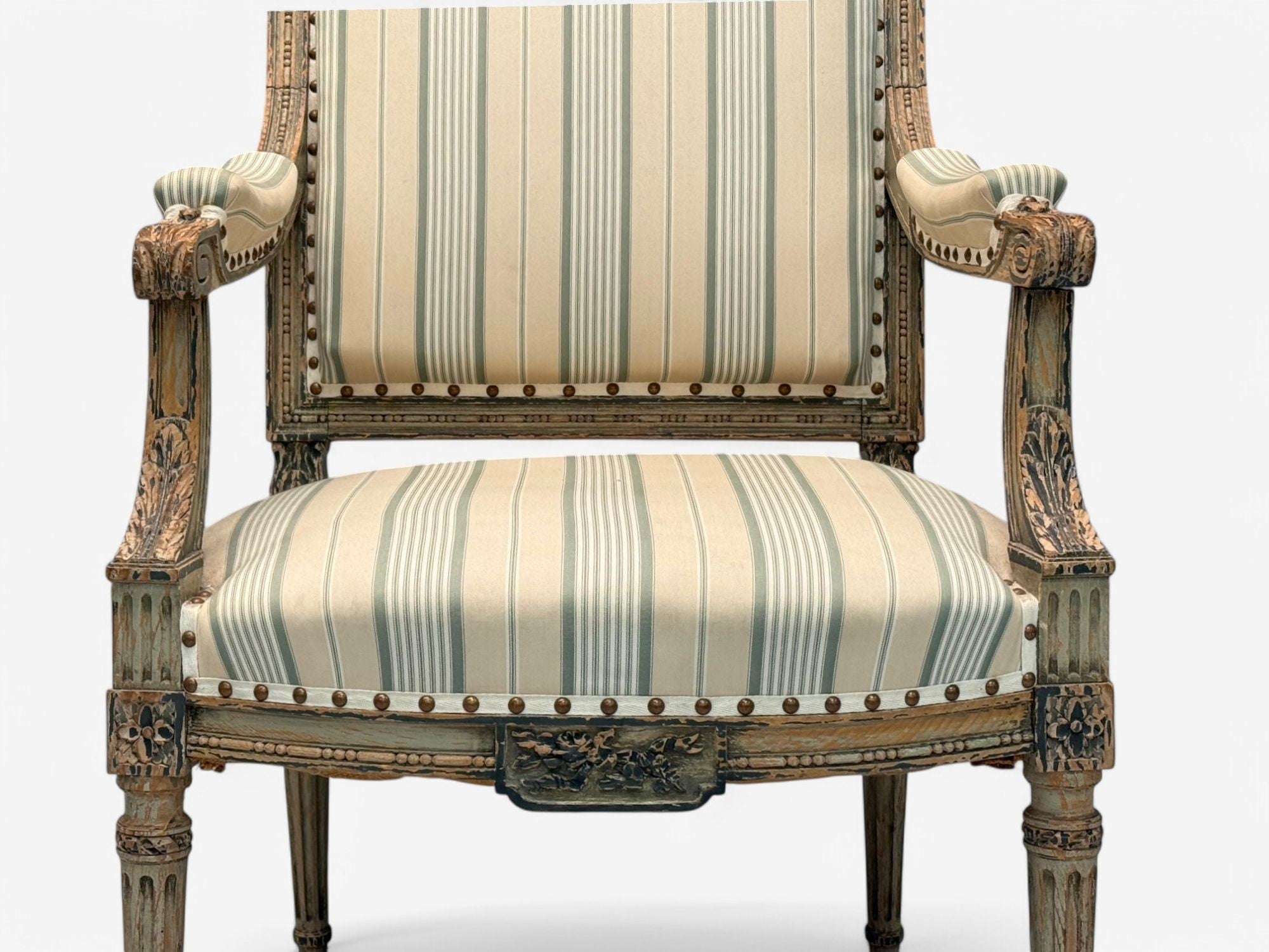 Maison Jansen attr, Louis XVI, Painted Wood, Fabric, Arm Chairs, France, 1940s