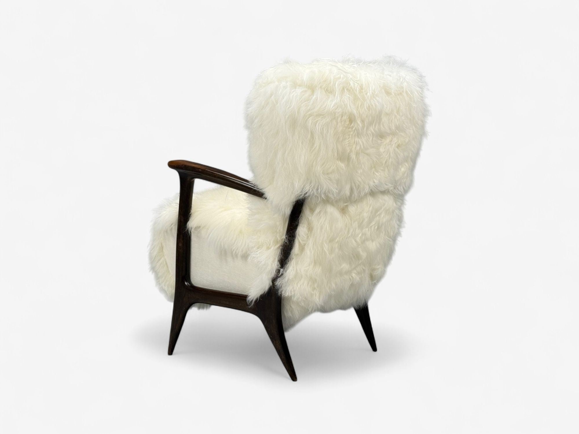 Italian Modern, Wood, White Shearling, Lounge Chair, 1950s