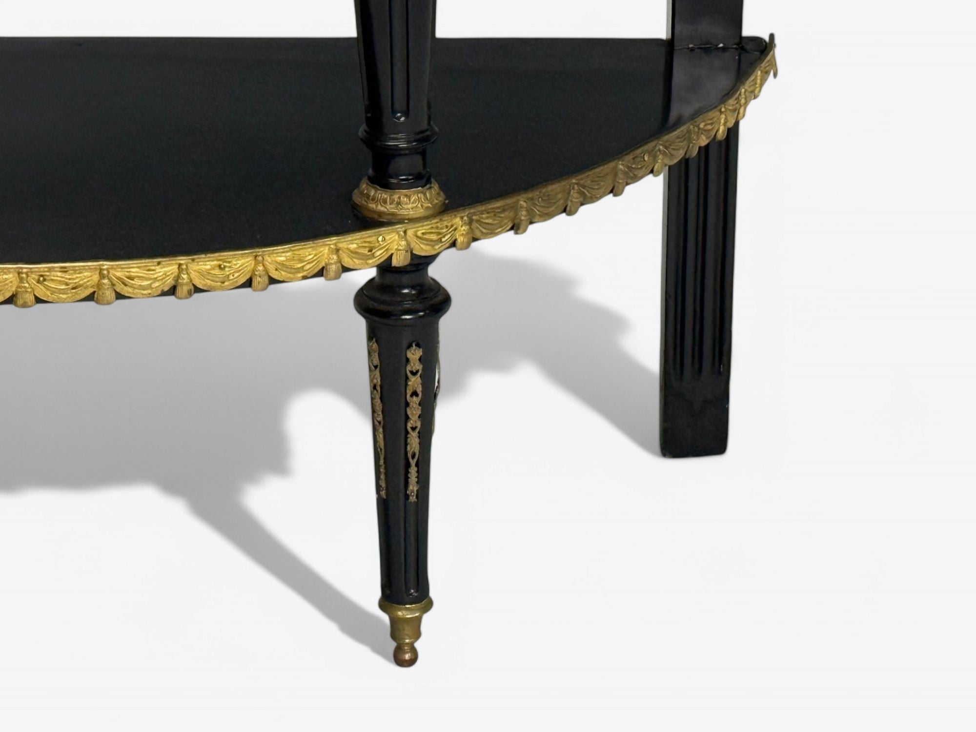 Hollywood Regency, Ebony Painted Wood, Onyx, Demilune Console Tables, 1930s