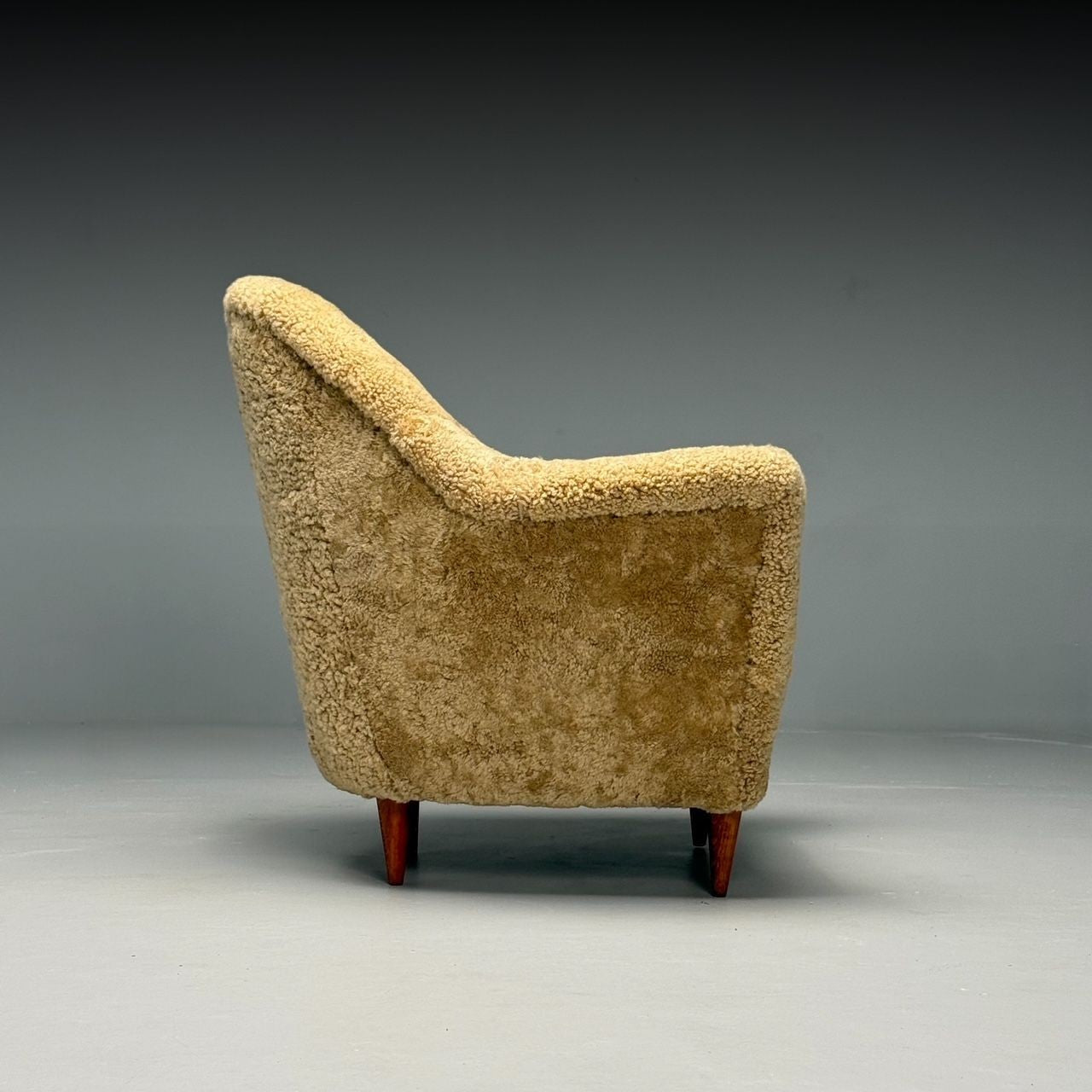 Italian Modern, Honey Shearling, Stained Wood, Lounge Chairs, Italy, 1950s
