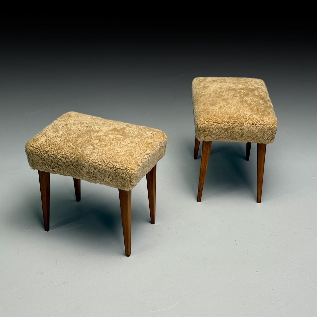 Mid-Century Modern, Footstools, Honey Sheepskin, Stained Wood, Italy, 1950s