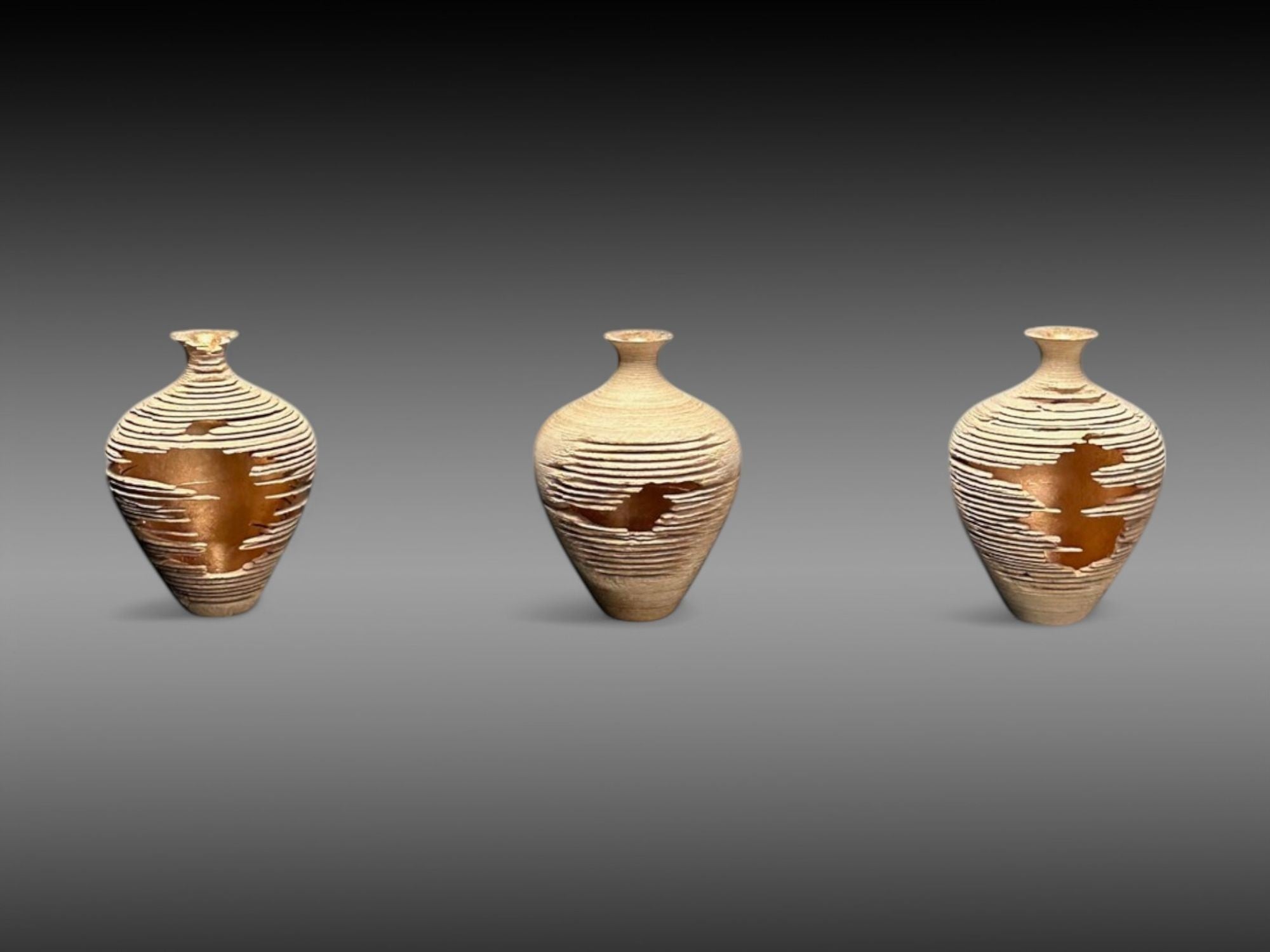 Marc Fish, Contemporary, Ash, Rose Gold Leaf, Three Triptych Vessels, UK, 21st c
