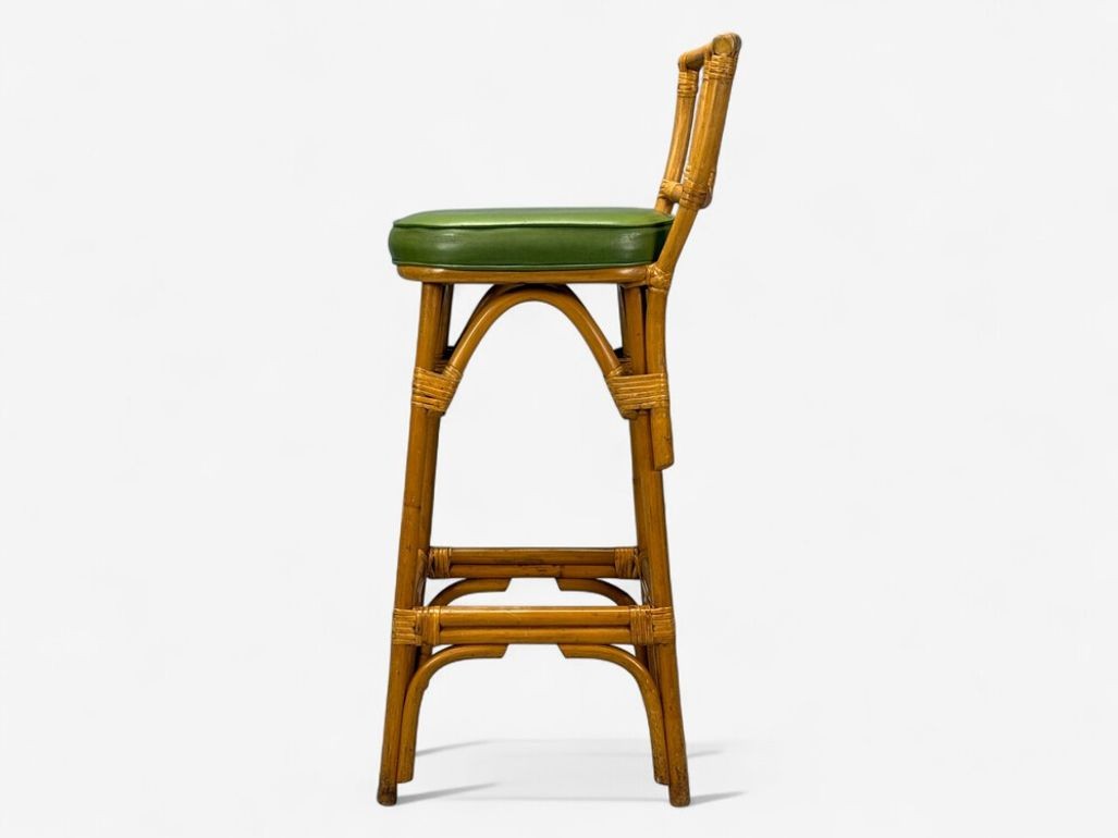 Dutch Modern, Bamboo, Green Leather, Three Barstools, Netherlands, 1970s