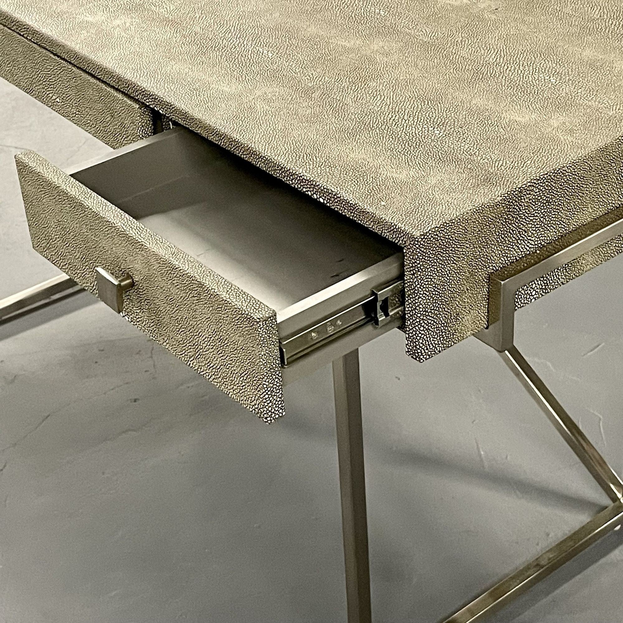 Modern Karl Springer Style Three-Drawer Faux Shagreen Desk/Writing Table, Chrome