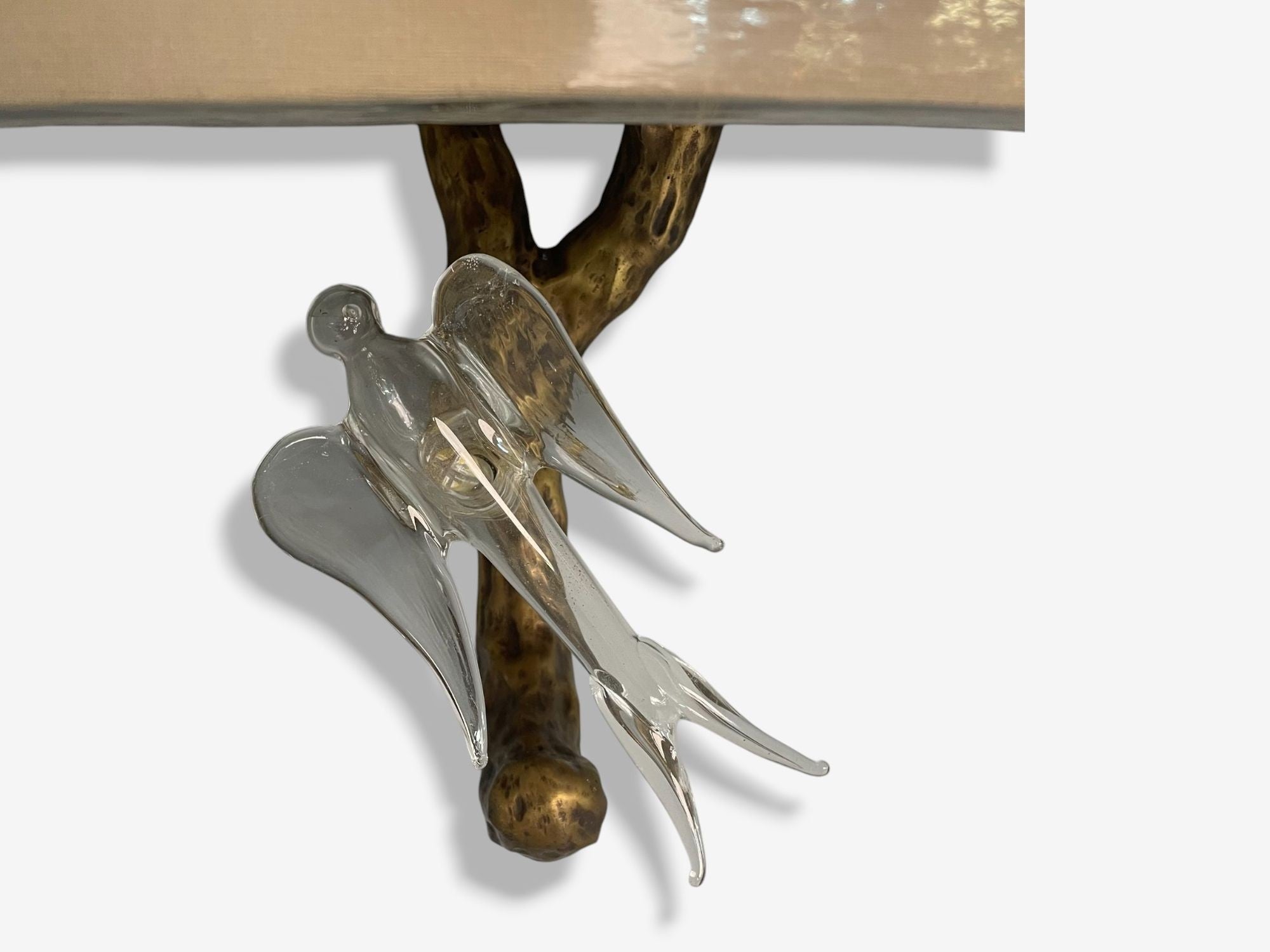 Brutalist Modern, Hammered Bronze, Crystal, Linen, Bird Wall Sconces, 21st C.