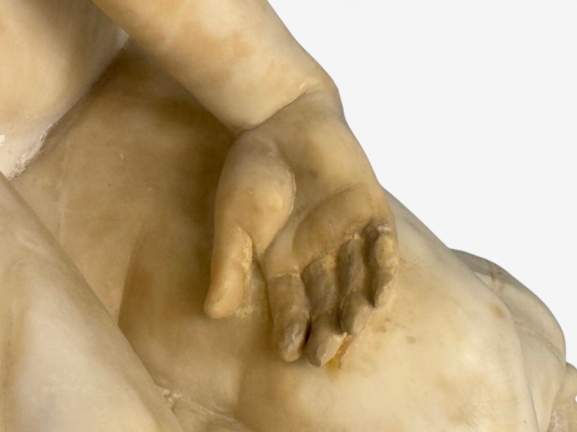 Neoclassical, Winged Angel On Pillow, Alabaster Statue on Pedestal, Italy, 1920s