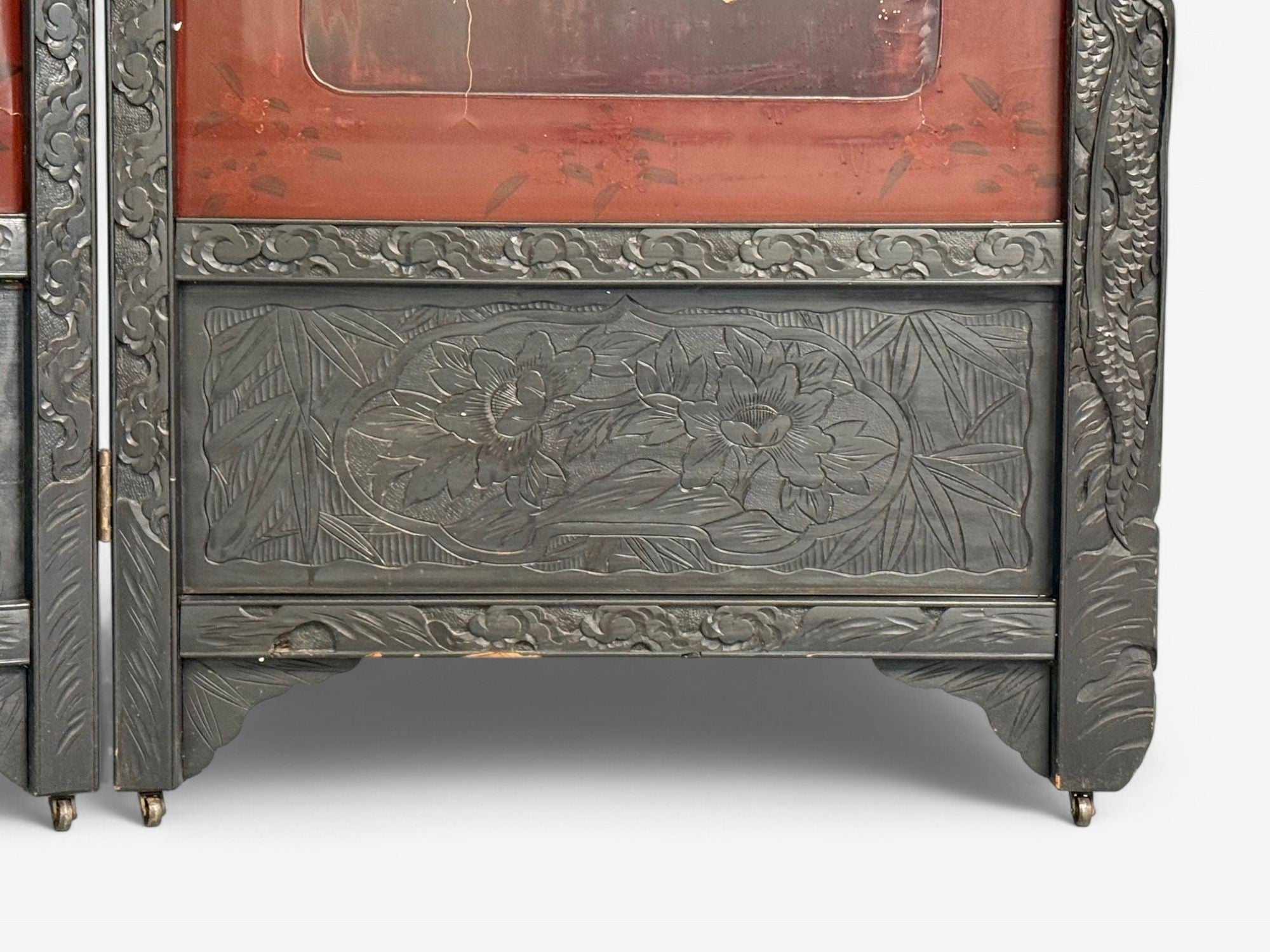 Shibayama Art, Meiji Era, Ebonized Wood, Lacquer, Two Panel Screen, Japan, 1890s