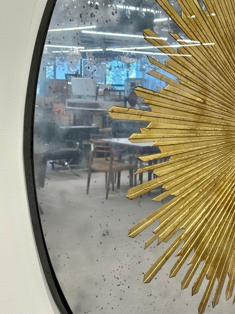 Hollywood Regency Style, Modern Round Sunburst Mirrors, Distressed Glass, 21st c.