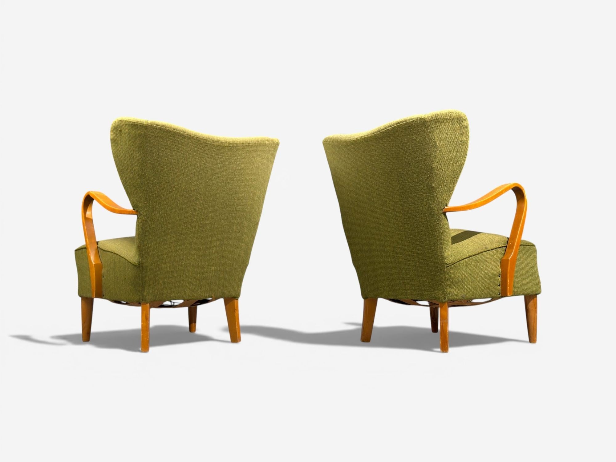 Swedish Modern, Lounge Chairs, Elm, Green Fabric, Sweden, 1930s