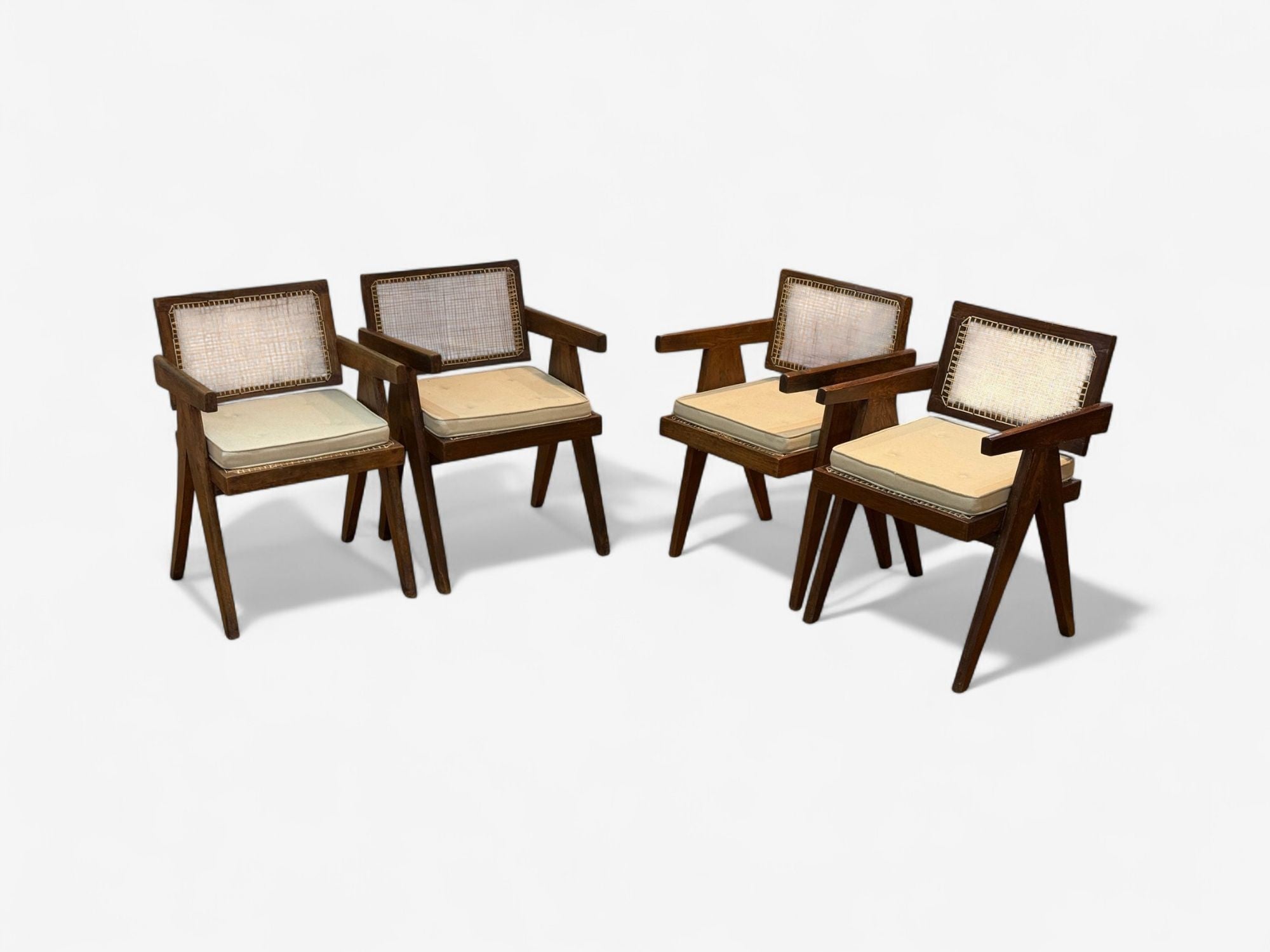 Pierre Jeanneret, Teak, Cane, Four Floating Back Chairs, Chandigarh, 1960s