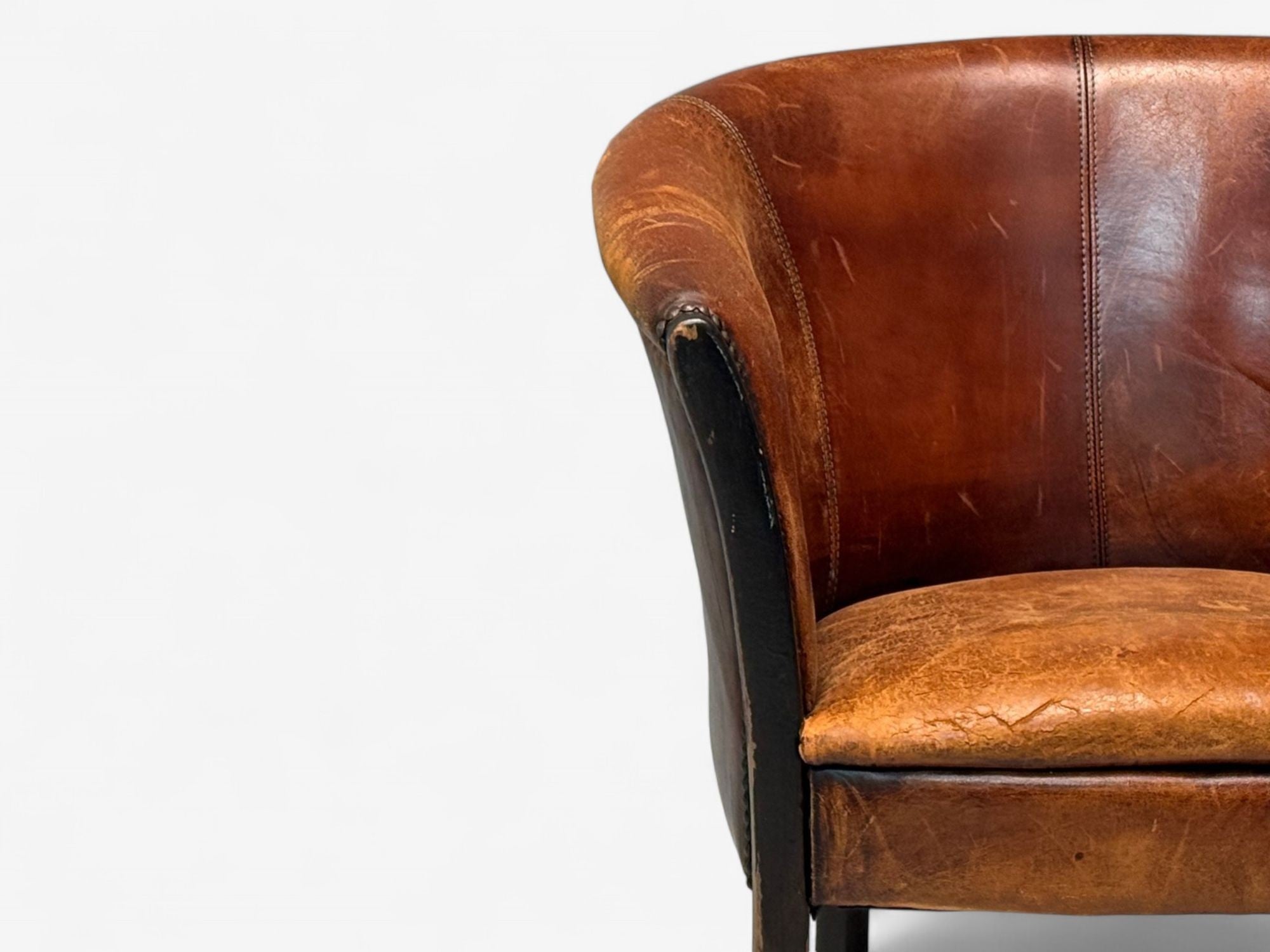 Georgian Style, Distressed Brown Leather, Stained Wood, Tub Chair, USA, 1960s