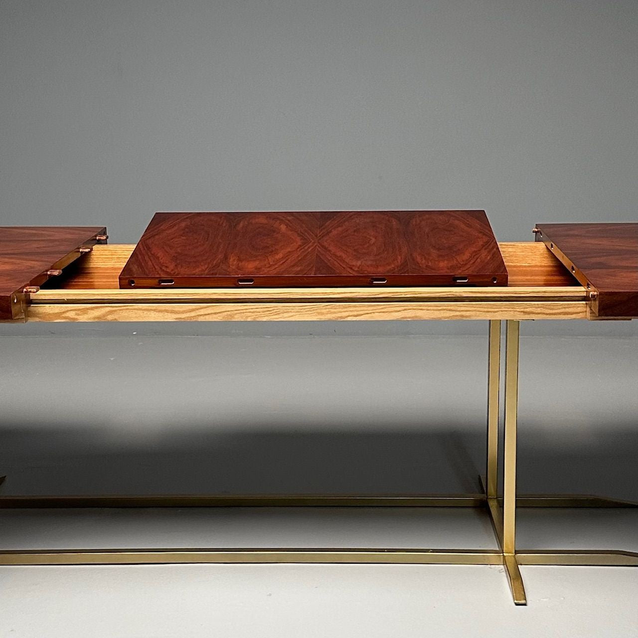 Contemporary, Modern Rectangular Dining Table, Burlwood Veneer, Gilt Metal