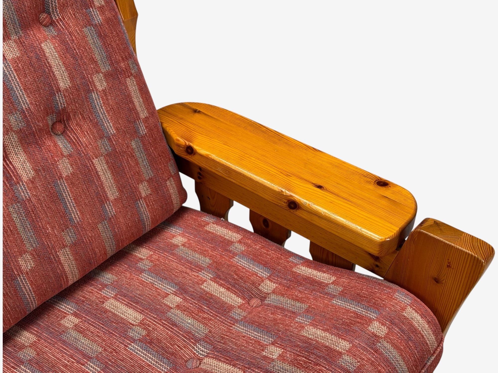 Swedish Modern, Pine, Red Fabric, Brutalist Lounge Chairs, Sweden, 1950s