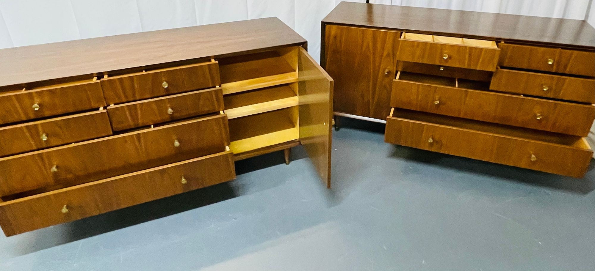 American Modern, Brass, Walnut, Opposing Dressers, USA, 1950s