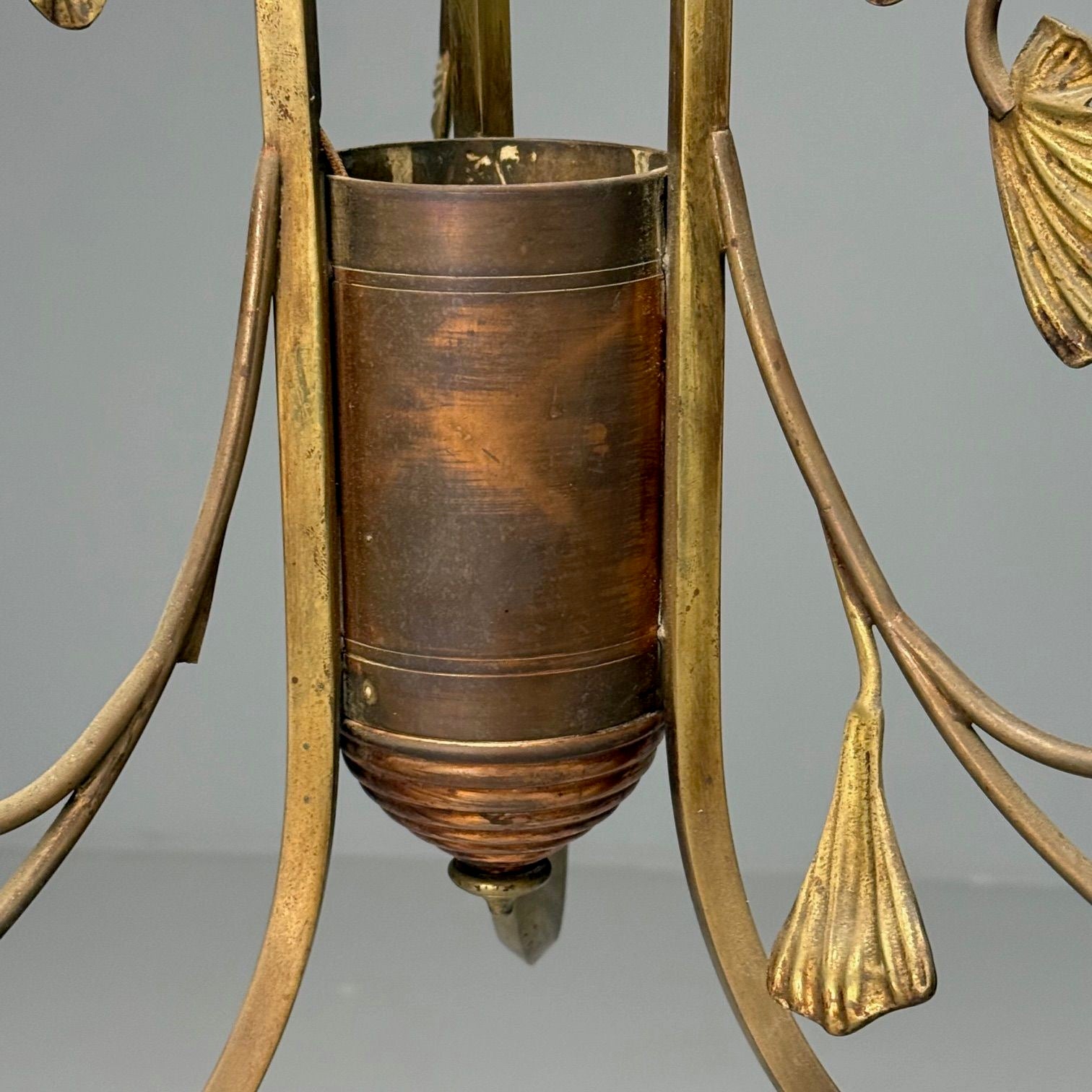 Italian Mid-Century Modern, Floral Chandelier, Brass, Copper, Italy, 1920s