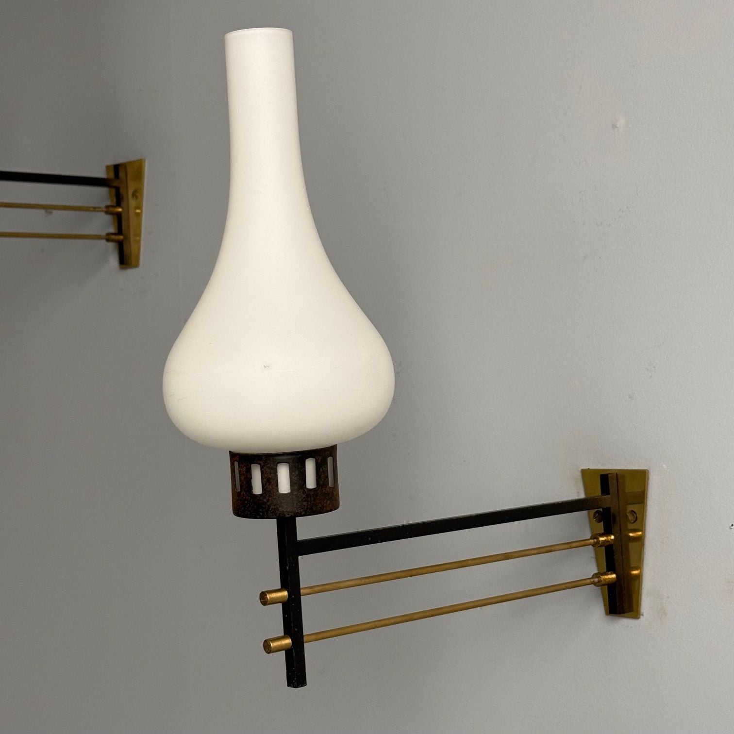 Italian Mid-Century Modern, Wall Sconces, Patinated Brass, Opaline Glass, 1950s