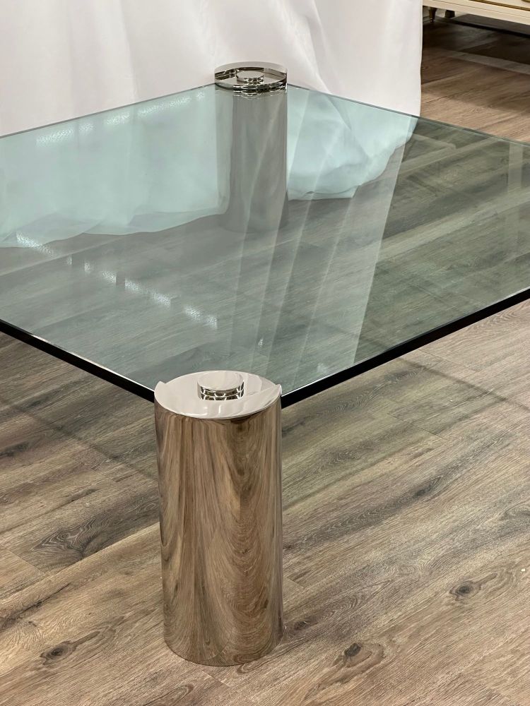 Mid-Century Modern Karl Springer Signed Chrome Coffee, Cocktail Table, Glass Top
