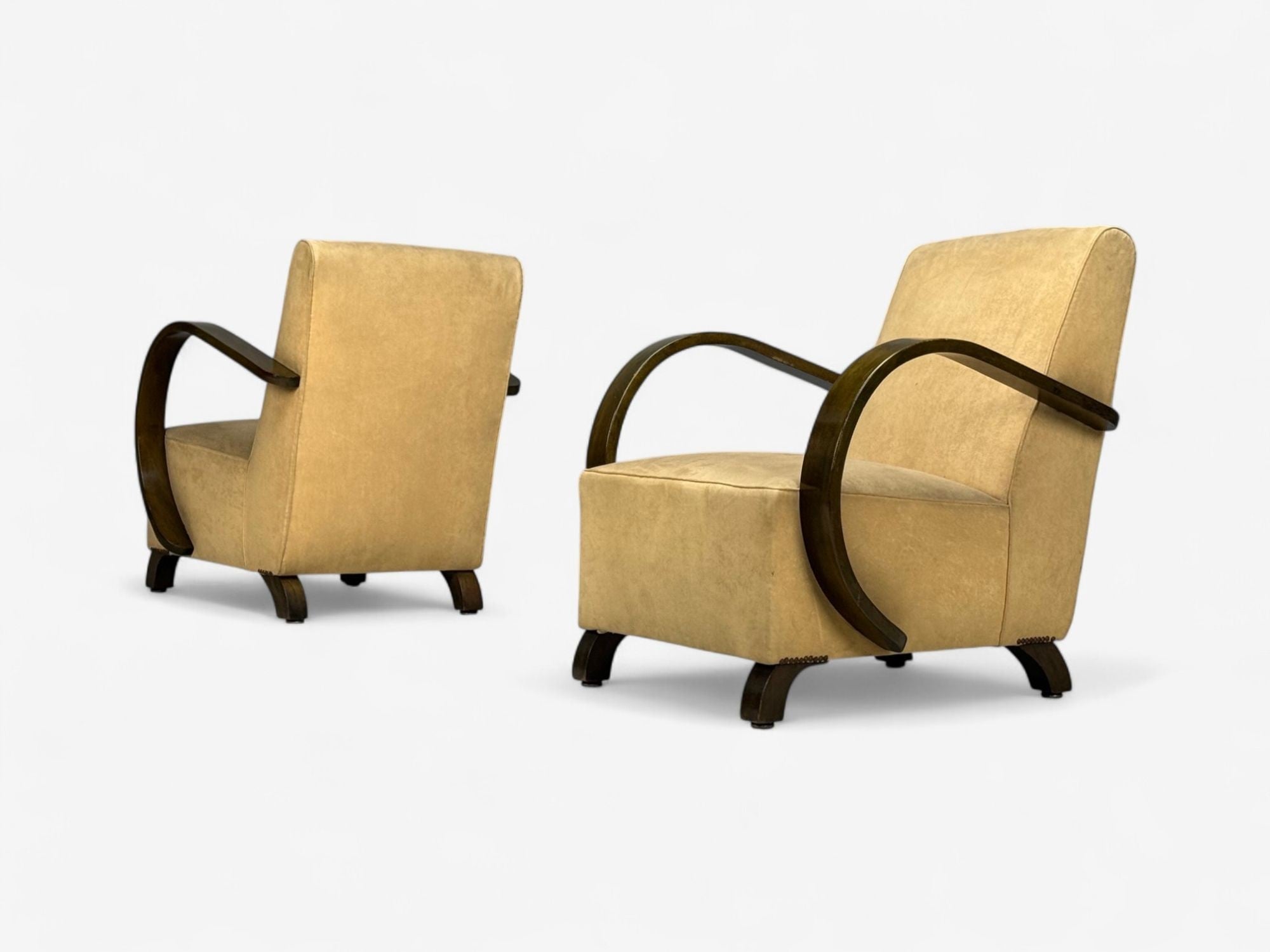 Vittorio Valabrega, Beige Velvet, Bentwood, Lounge Chairs, Italy, 1940s