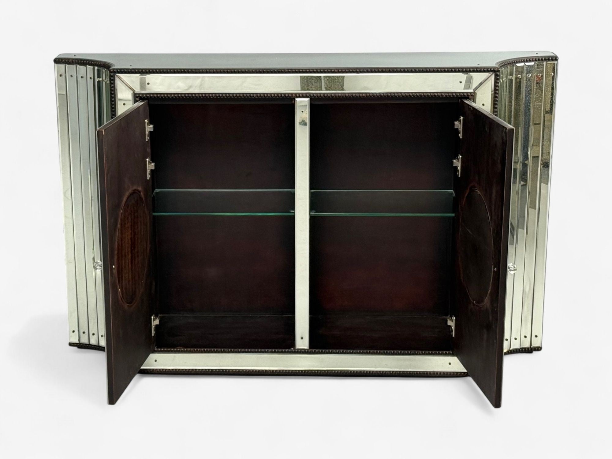 Art Deco Style, Antique Glass, Painted Wood, Concave Mirrored Cabinets