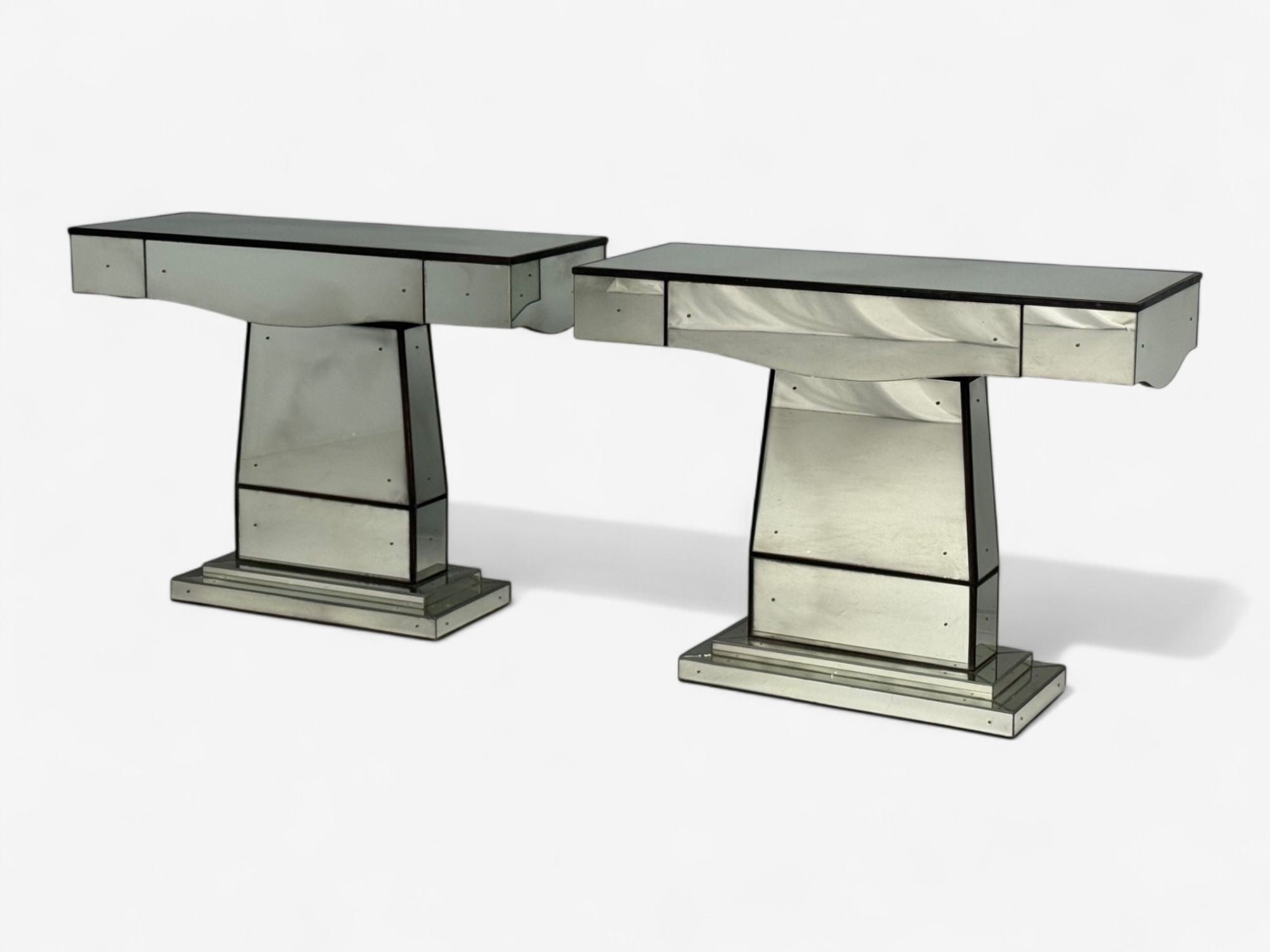 Art Deco Style, Mirrored Console Tables, Painted Wood, Distressed Glass