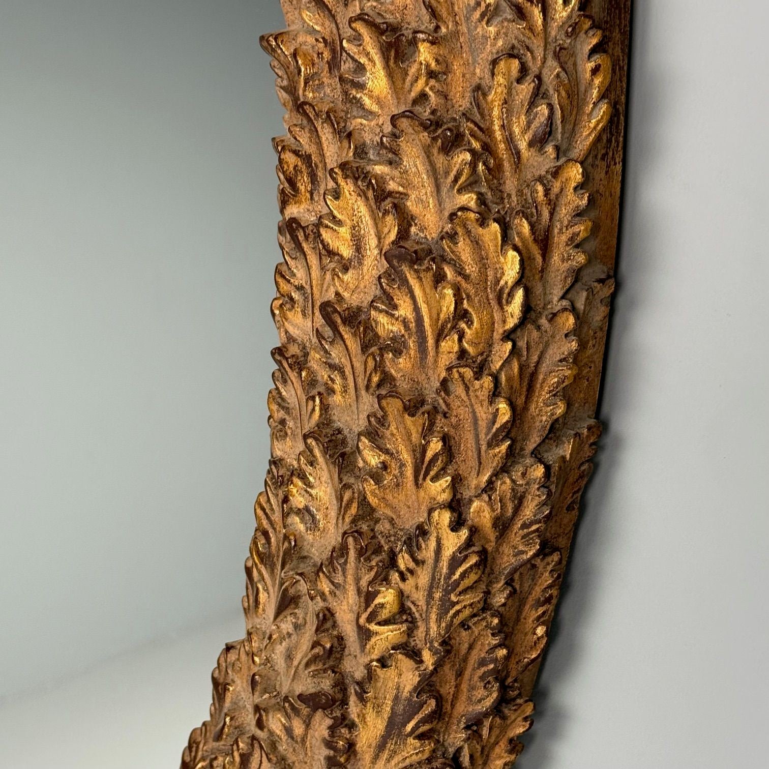 Hollywood Regency, Large Oval Wall Mirrors, Carved Giltwood, Leaf Motif, 21st C.