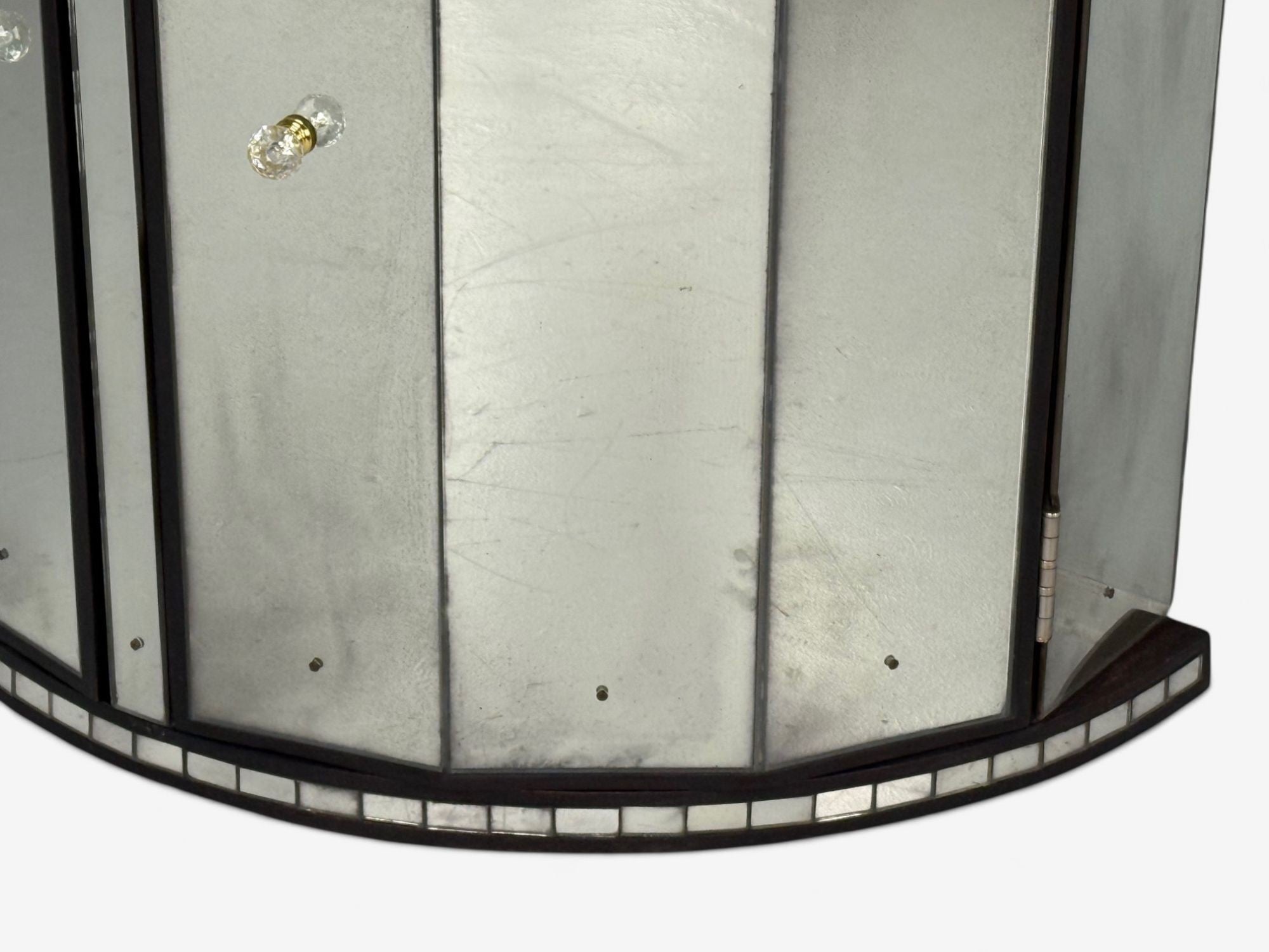 Hollywood Regency Style, Distressed Glass, Mirrored Demilune Cabinet