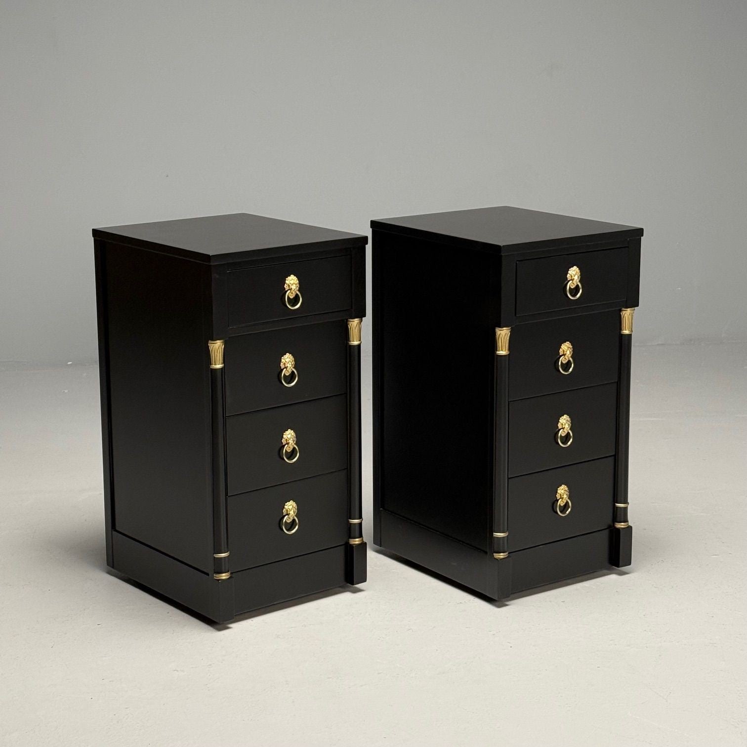 Jansen Style, Hollywood Regency, Nightstands, Ebony Finish, Bronze, 1940s