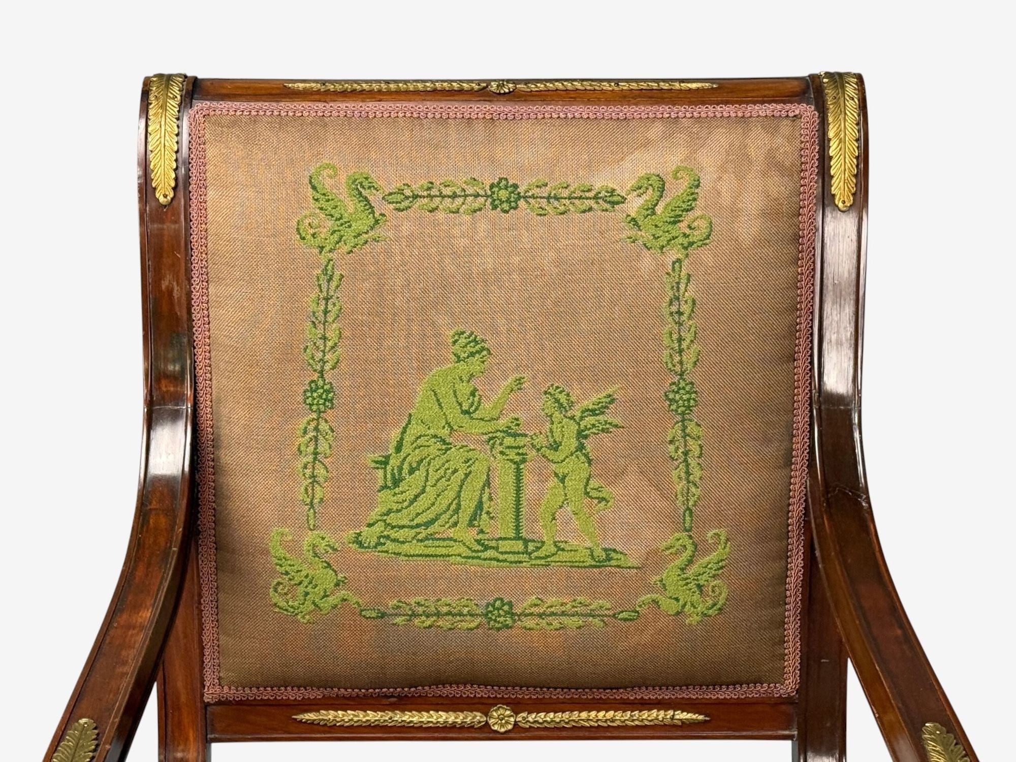 French Empire Revival, Bronze, Mahogany, Tapestry, Armchairs, France, 19th c.