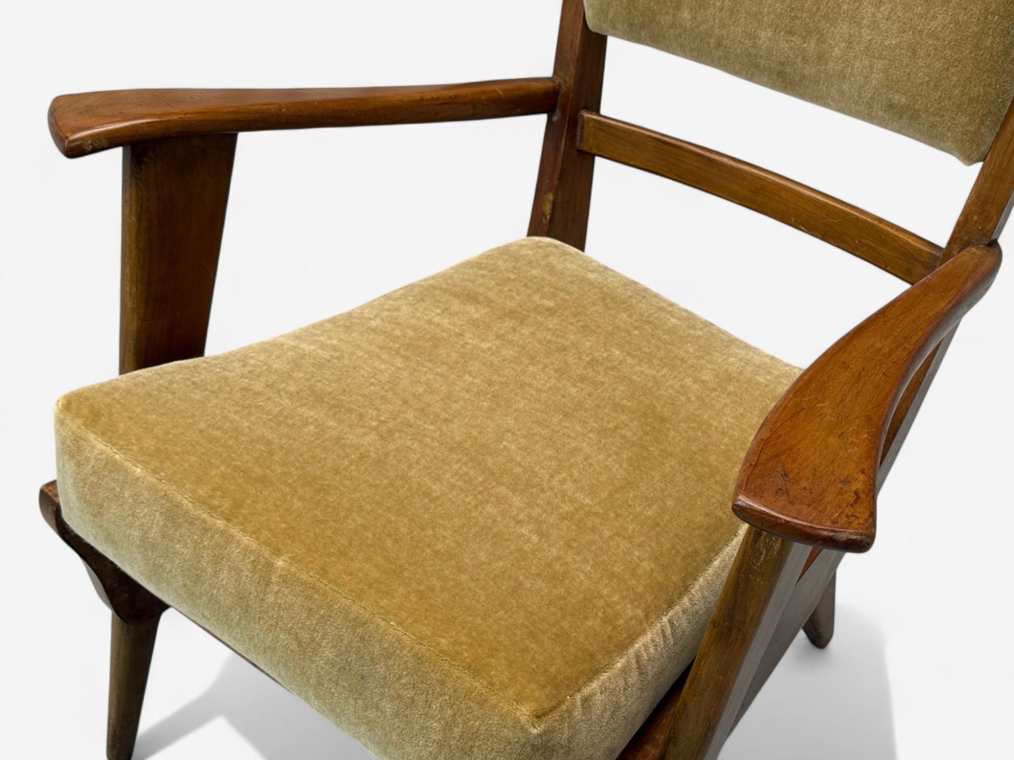 Italian Modern, Stained Wood, Camel Mohair, Lounge Chair, Italy, 1950s