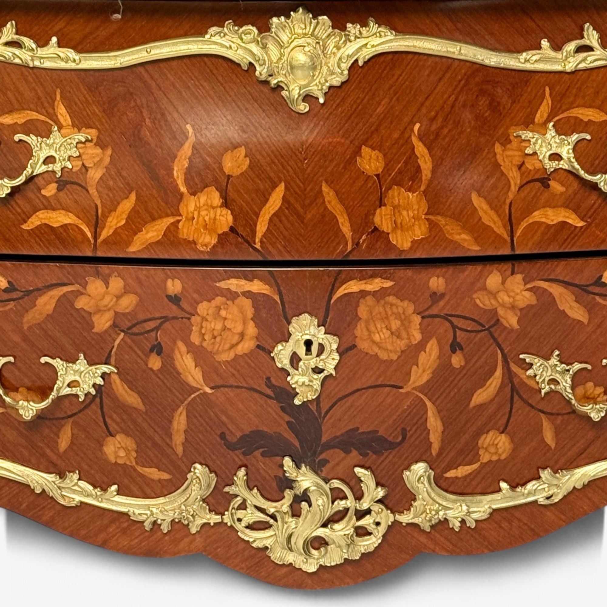 Louis XV Style, Bombe Vitrines, Ormolu Bronze, Inlaid Marquetry, France, 19th