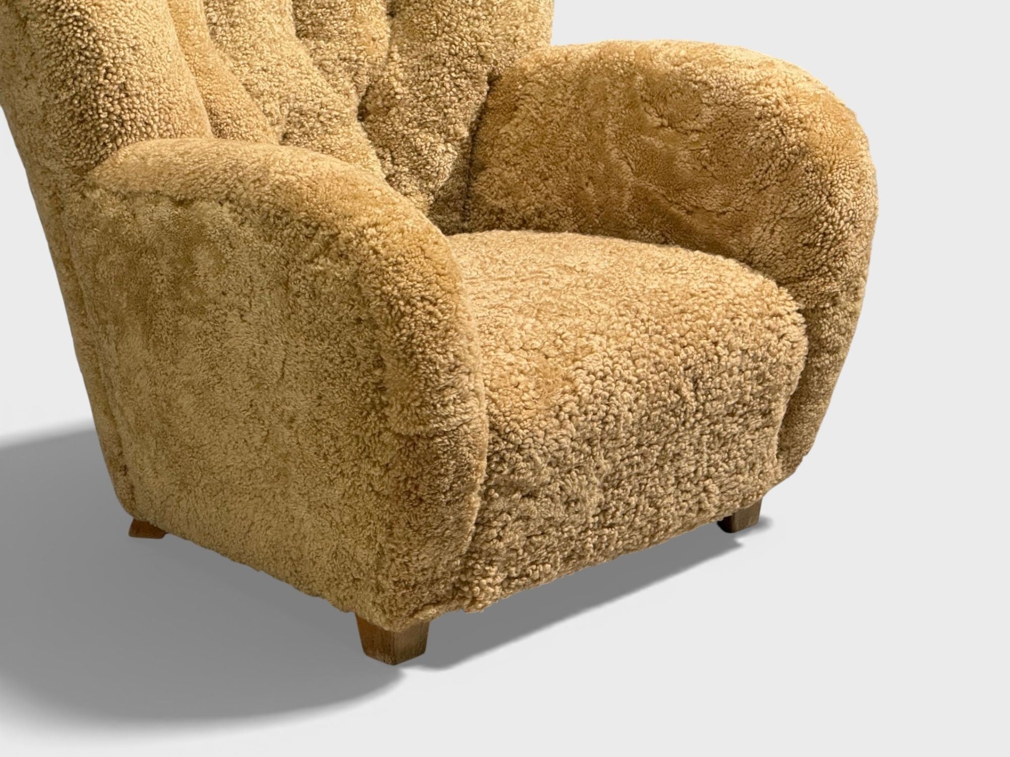 Finnish Modern, Organic Lounge Chairs, Shearling, Wood, Finland, 1940s