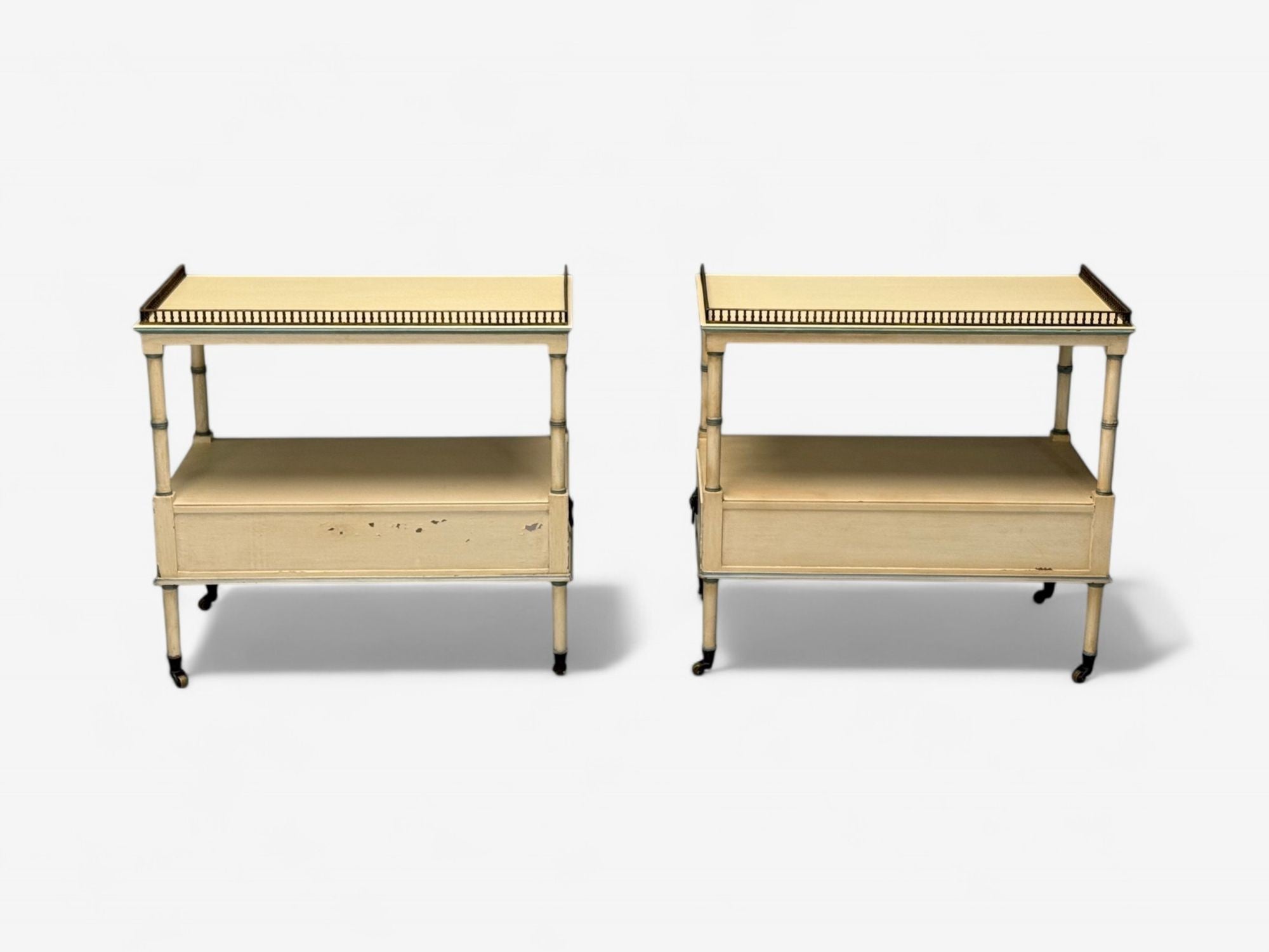 Kittinger, Hollywood Regency Style, Side Tables, Faux Bamboo Painted Wood, Brass