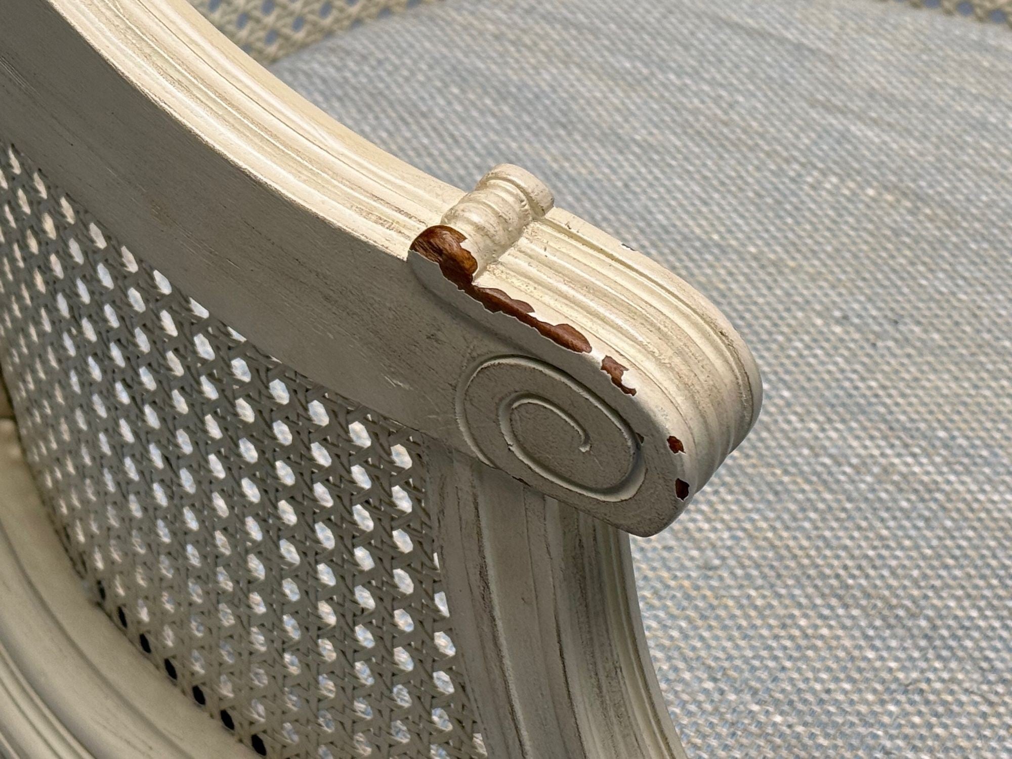 Louis XVI Style, Barrel Back Occasional Chair, Cream Painted Wood, Cane, 1960s