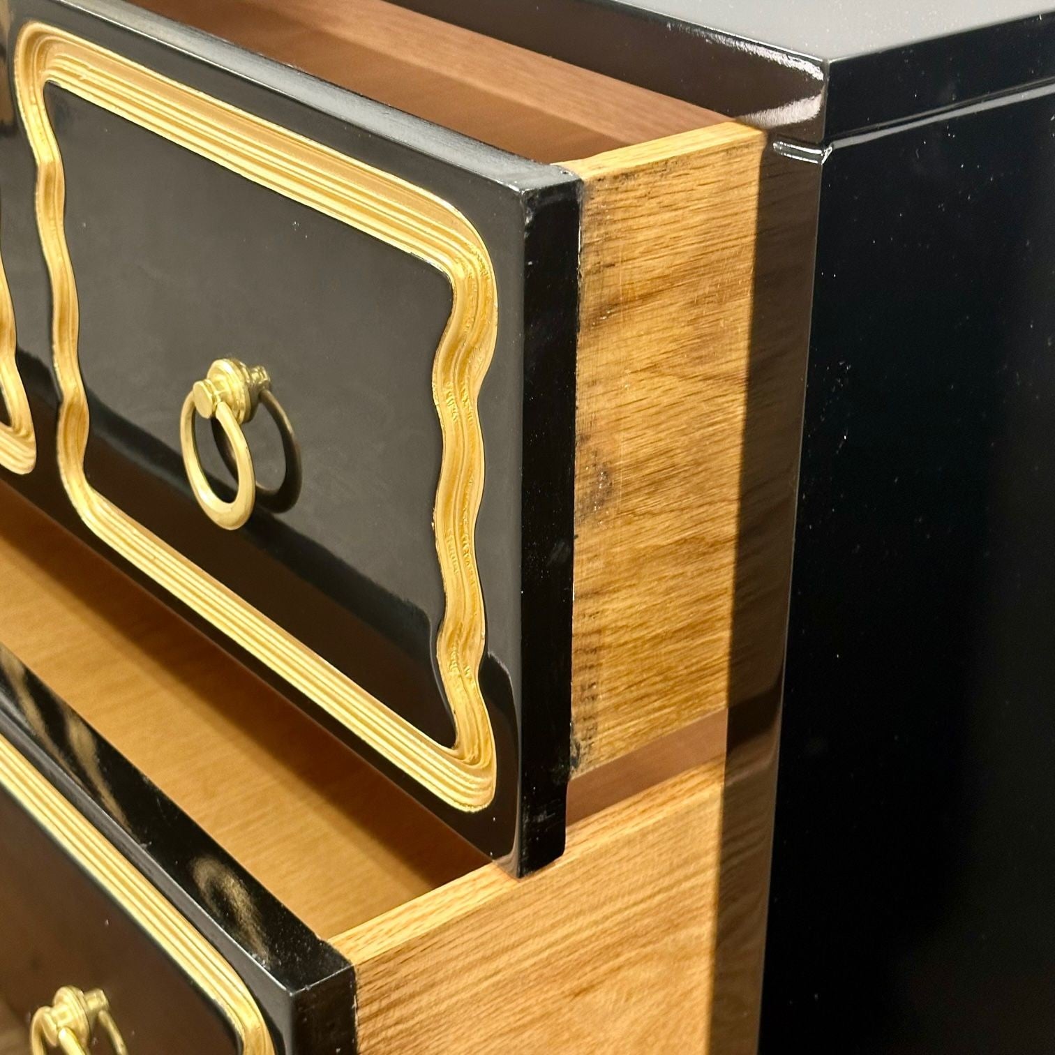 Dorothy Draper Style, Hollywood Regency, Black Lacquer, Gilt, Brass, Commodes