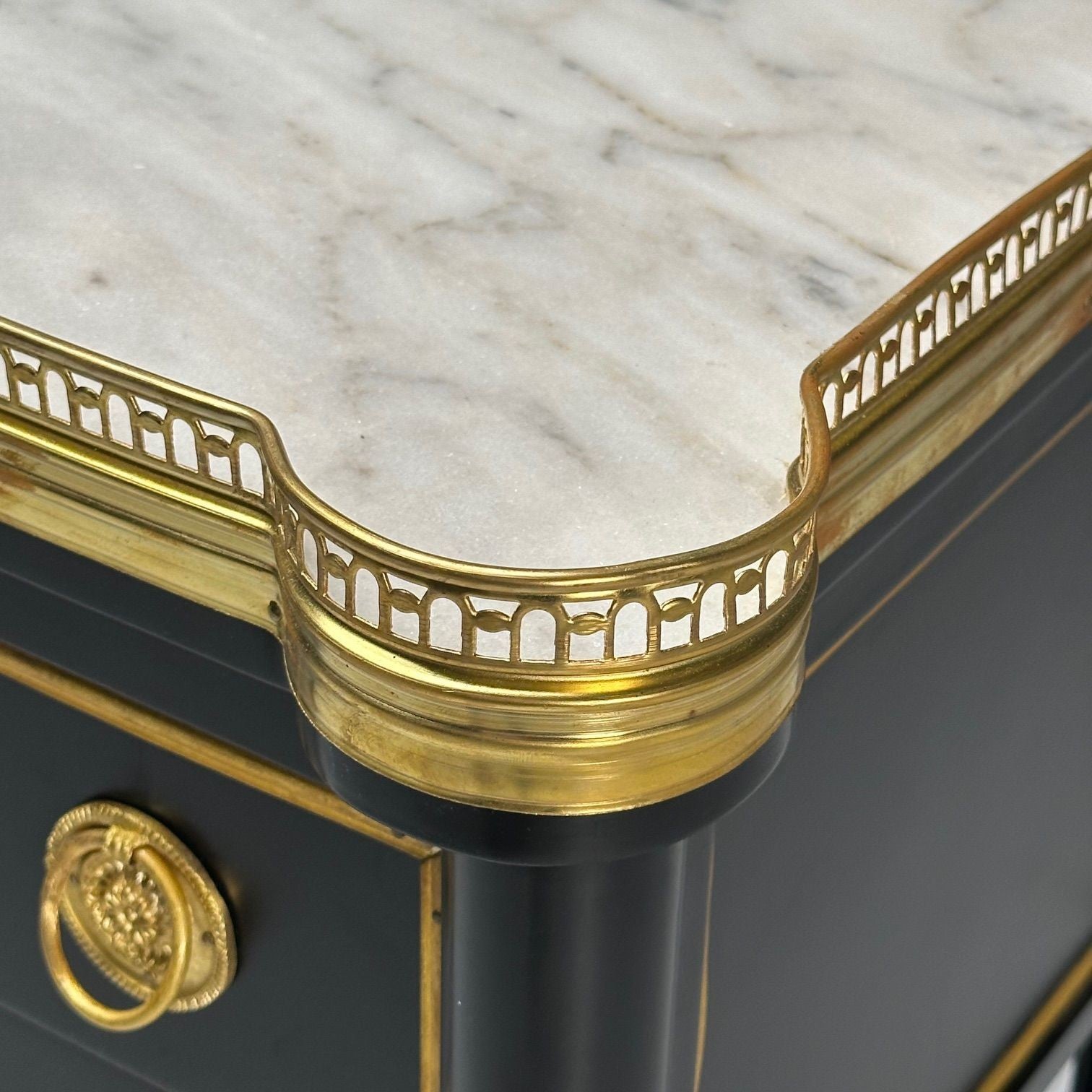 Maison Jansen Style, Hollywood Regency, Brass, Marble, Ebonized Nightstands