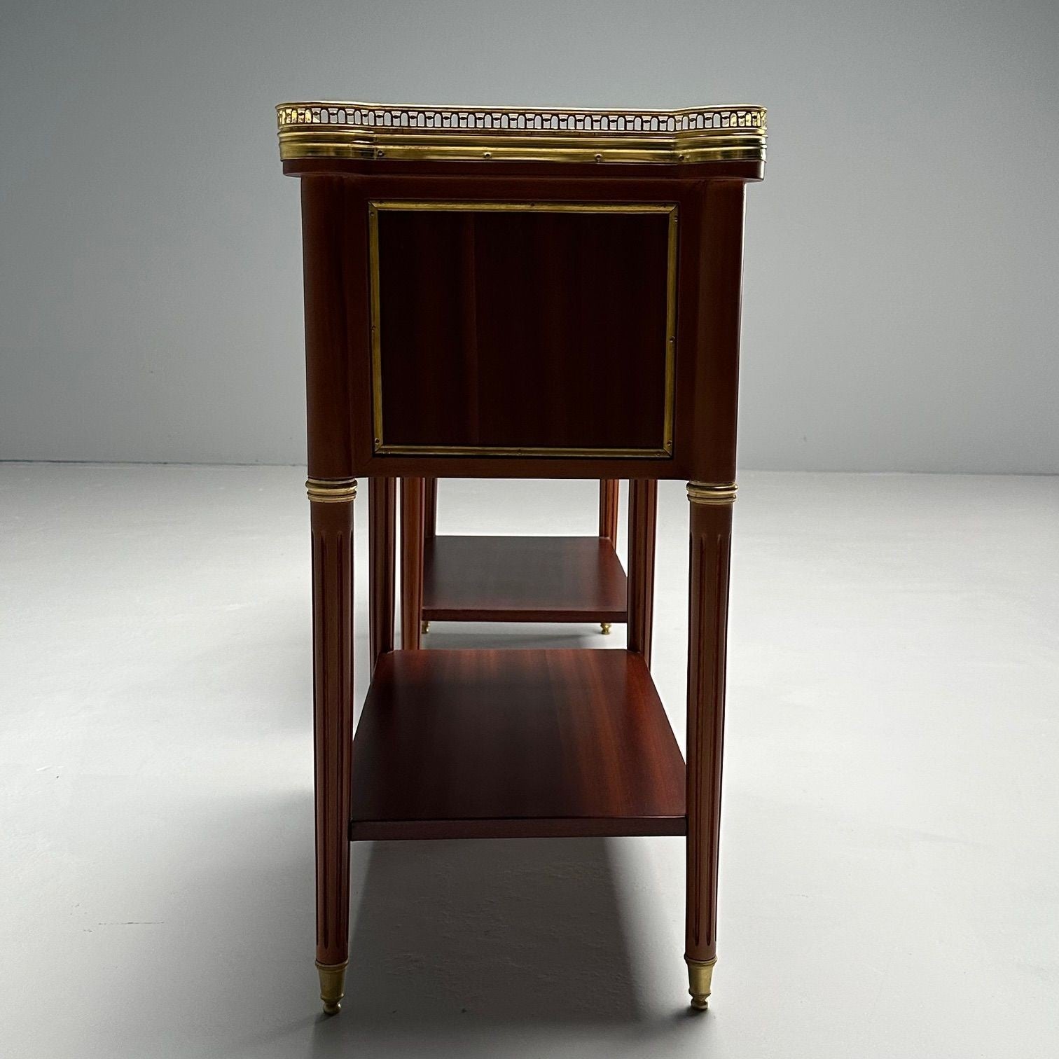 Maison Jansen Style, Hollywood Regency, Mahogany, Marble, Brass, Nightstands