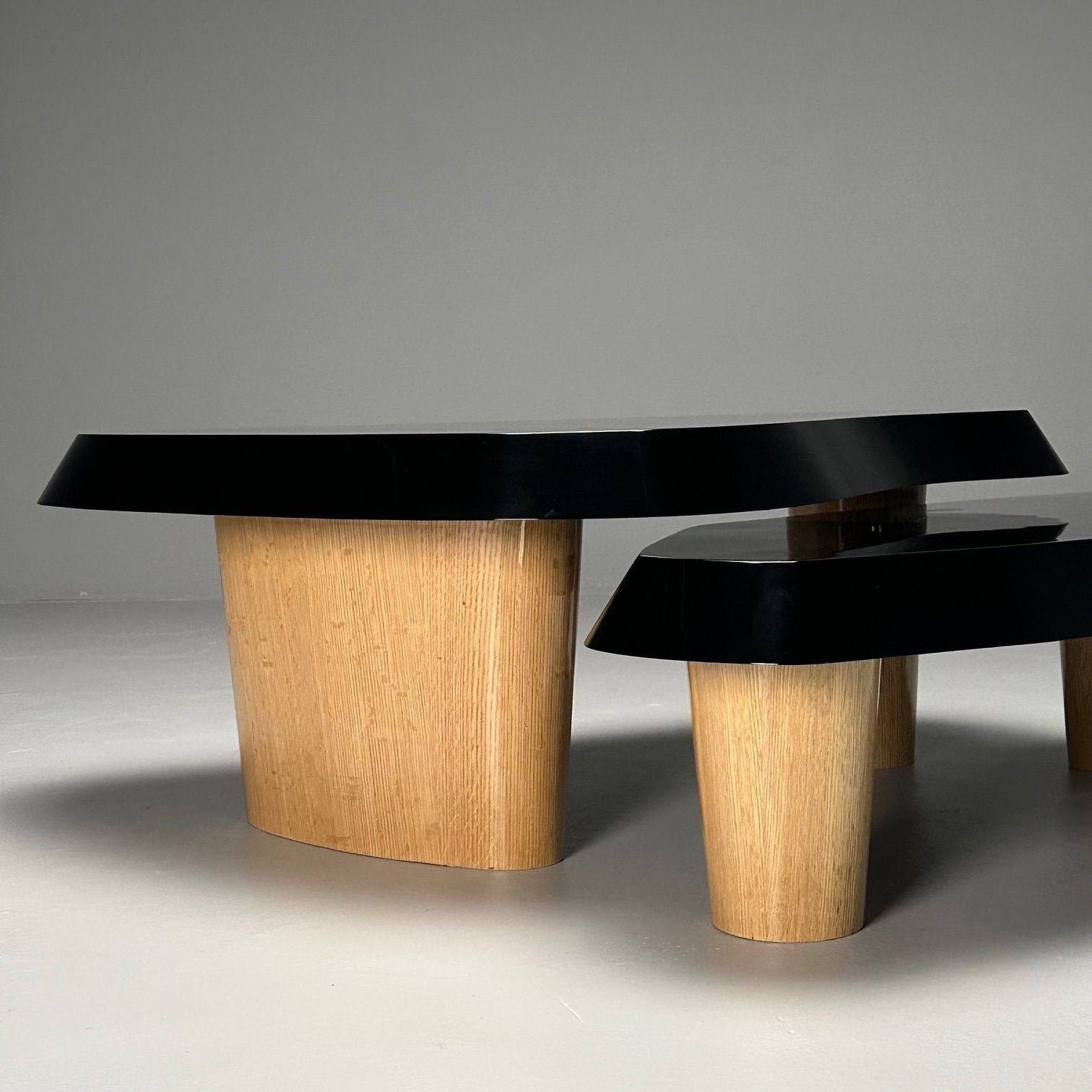 Contemporary, Organic Modern, Nesting Coffee Tables, Black Lacquer, Oak, 21st C.