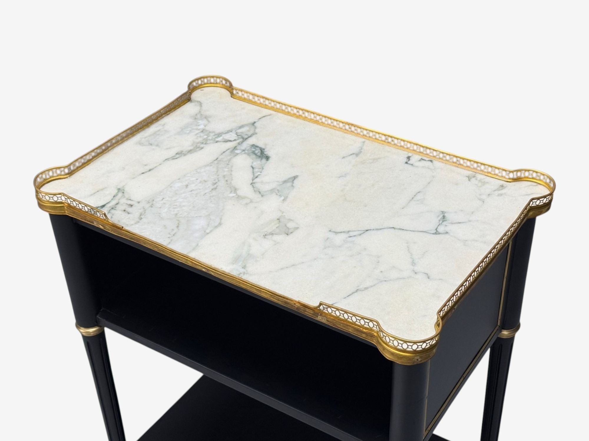 Maison Jansen Style, Hollywood Regency, Brass, Marble, Ebonized Open Nightstands