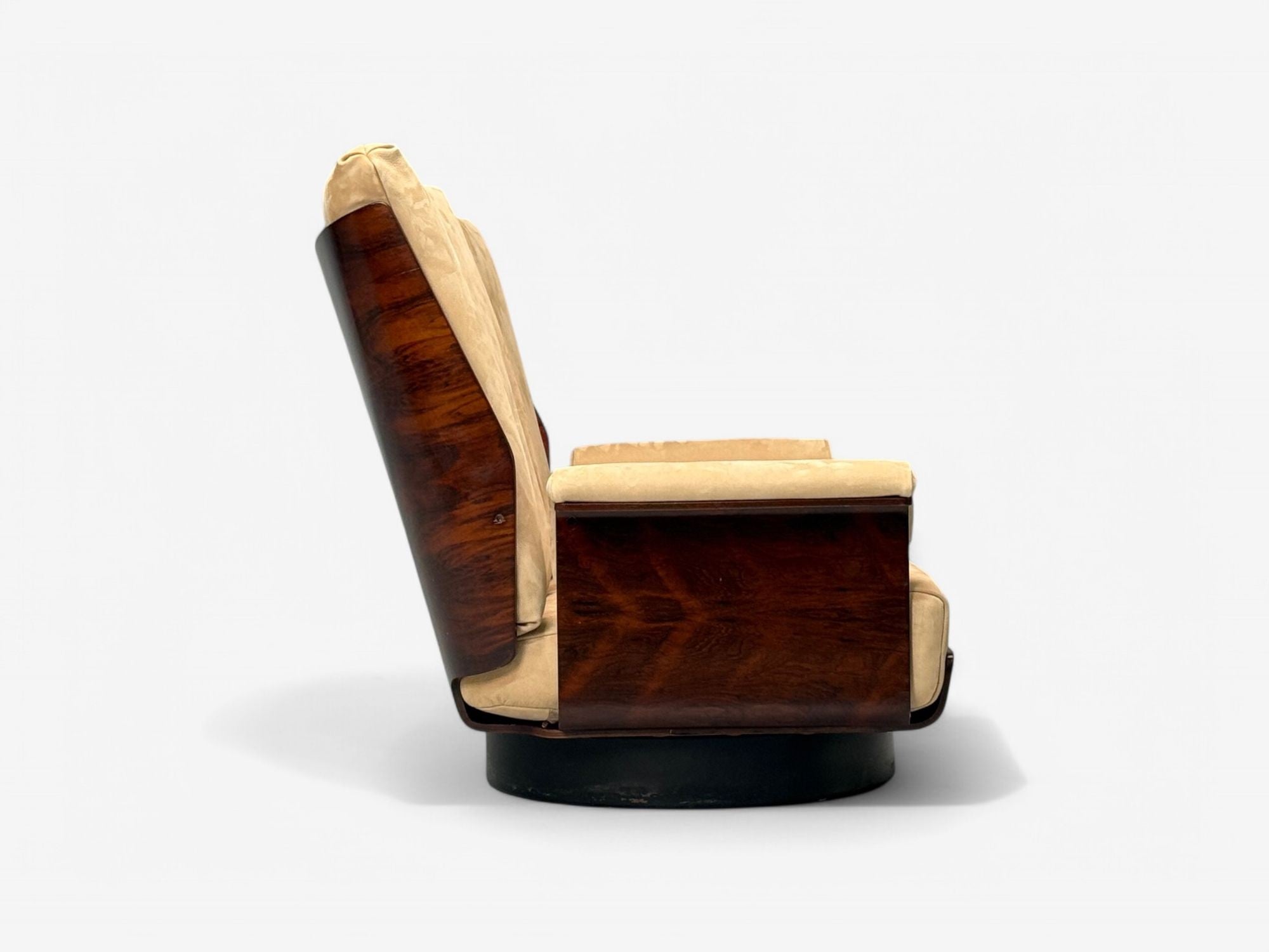 Bernard Brunier, French Mid-Century Modern, Rosewood, Suede, Settee, 1960s