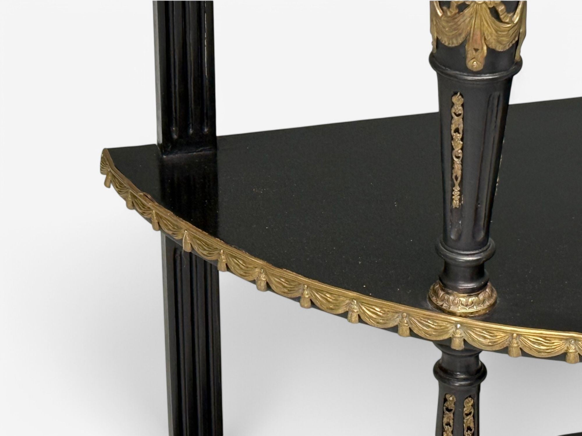 Hollywood Regency, Ebony Painted Wood, Onyx, Demilune Console Tables, 1930s