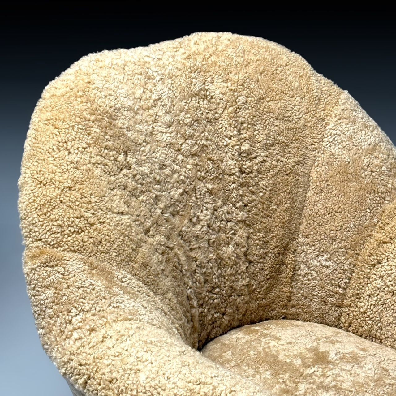 Italian Modern, Honey Shearling, Stained Wood, Lounge Chairs, Italy, 1950s