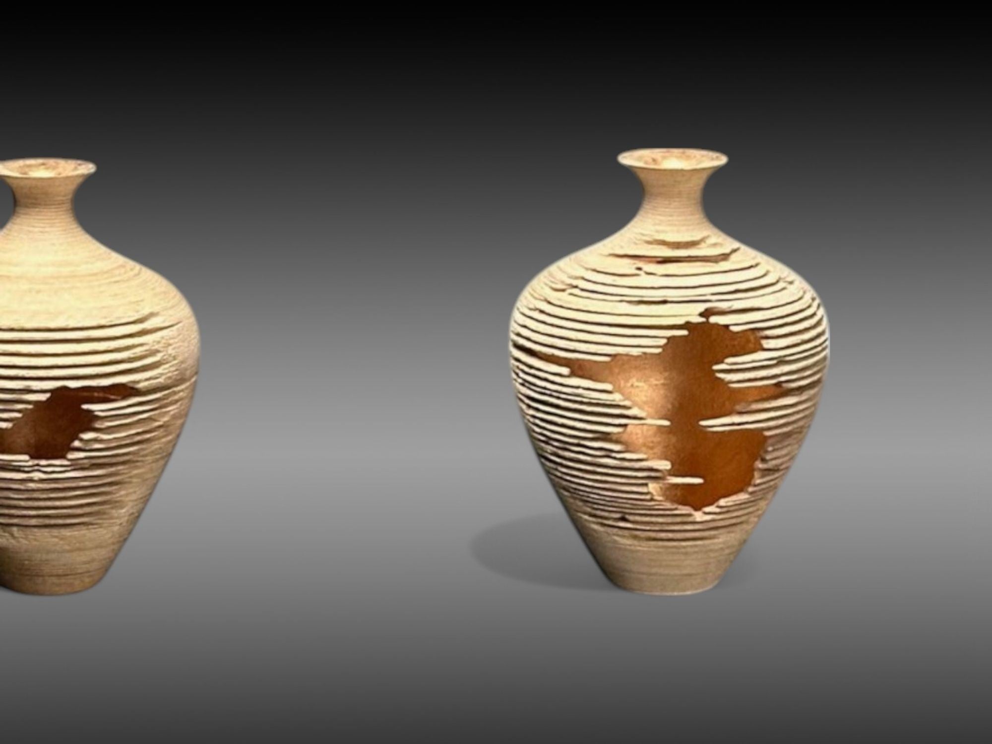 Marc Fish, Contemporary, Ash, Rose Gold Leaf, Three Triptych Vessels, UK, 21st c